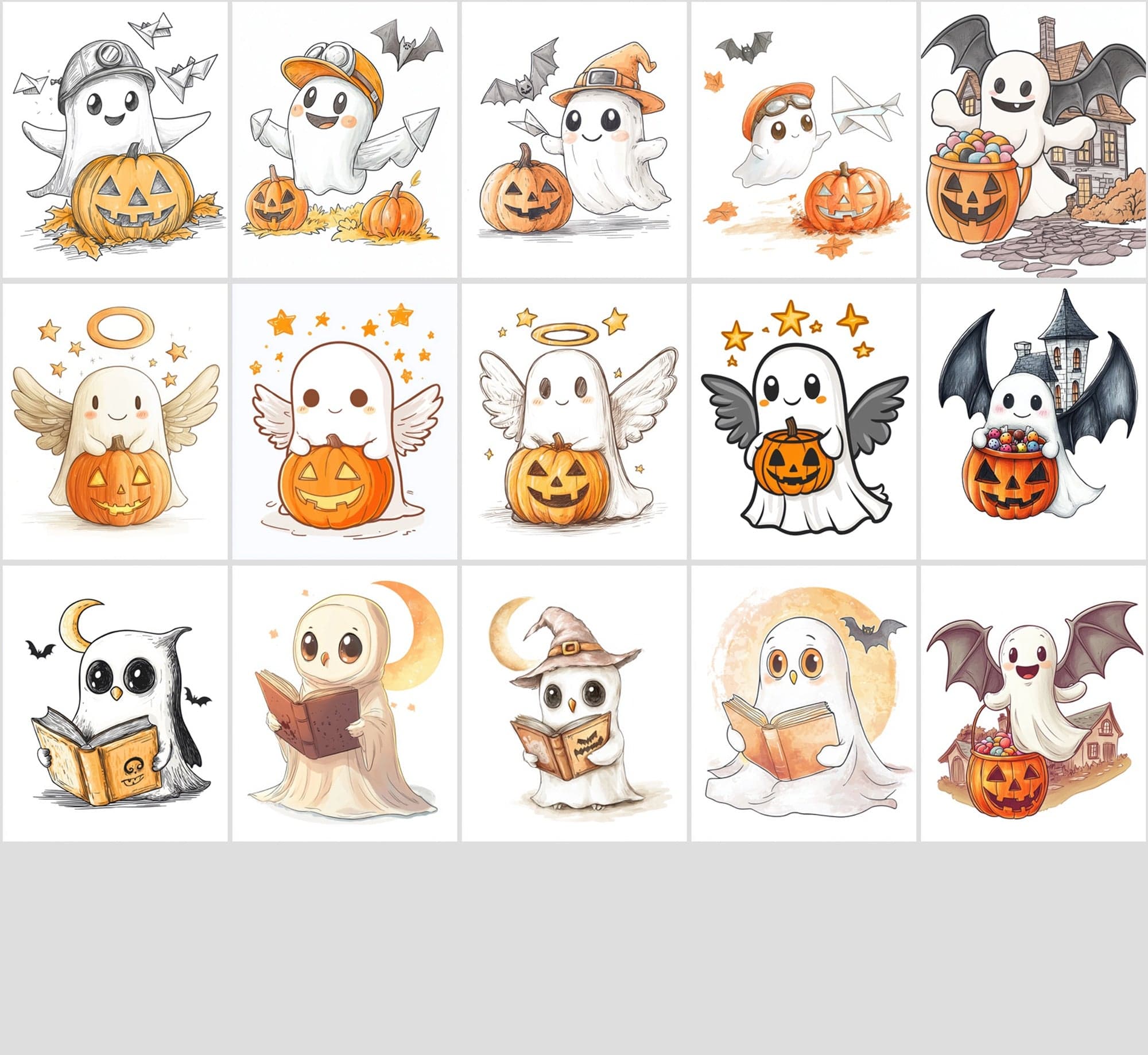 400 Cute Halloween Ghost Illustrations - Isolated on White Background Digital Download Sumobundle