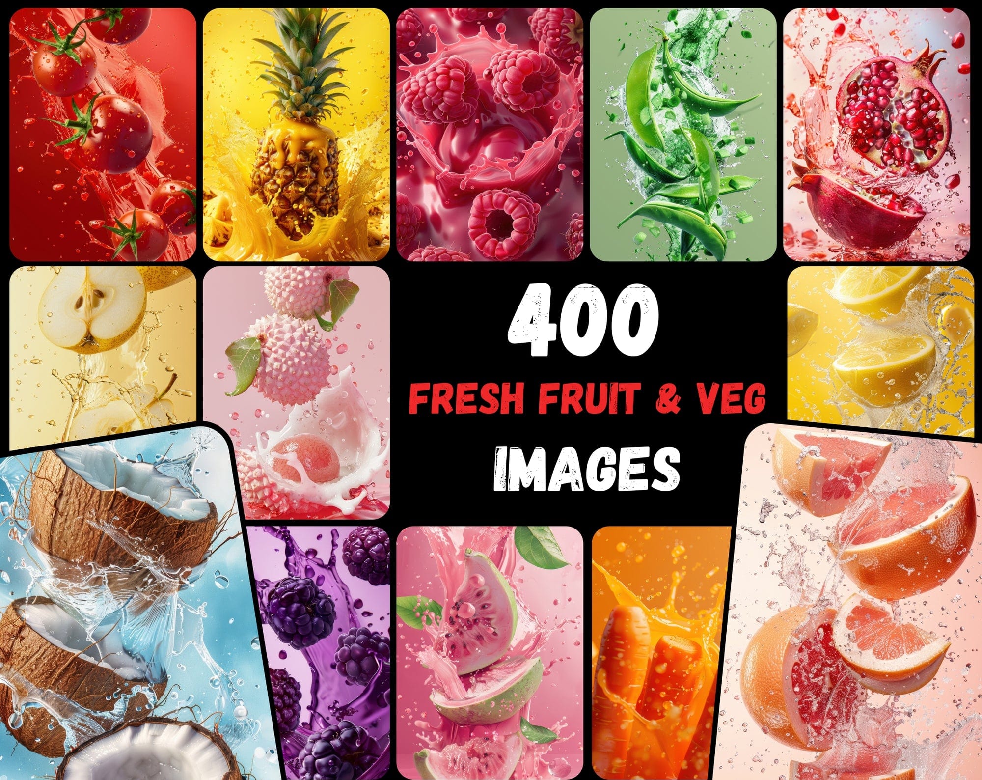 400 High-Resolution Fruit & Vegetable Images with Water Splashes Digital Download Sumobundle