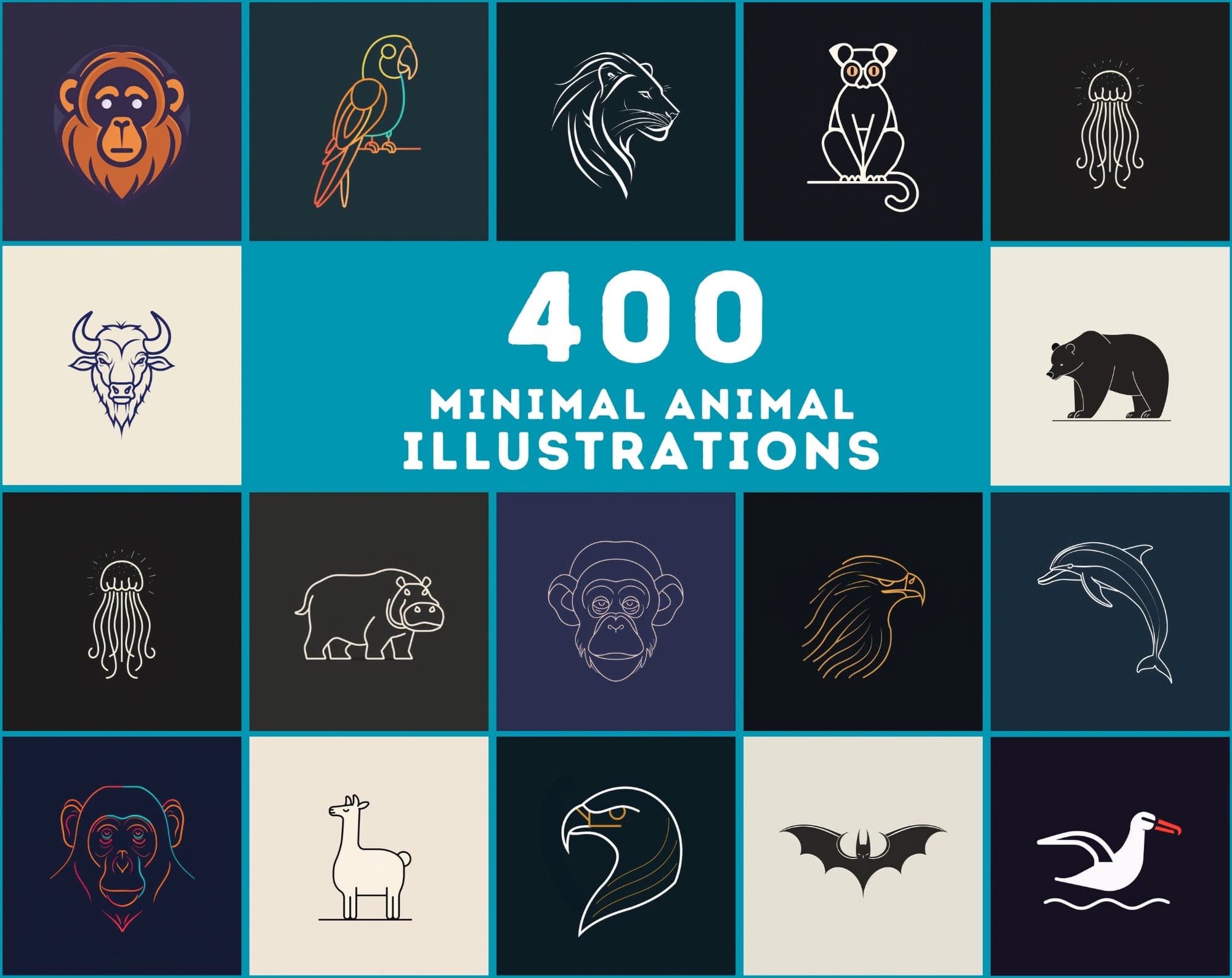 400 Minimal Animal Illustrations | Simple Lineart Designs Digital Download Sumobundle