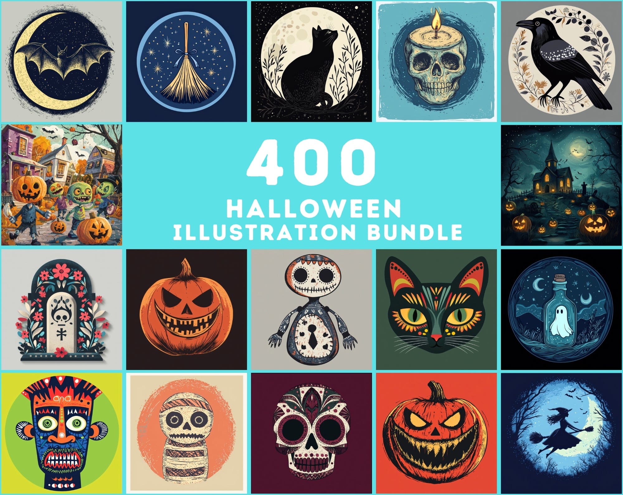 400 Whimsical Halloween Illustrations - Flat Style Designs Digital Download Sumobundle