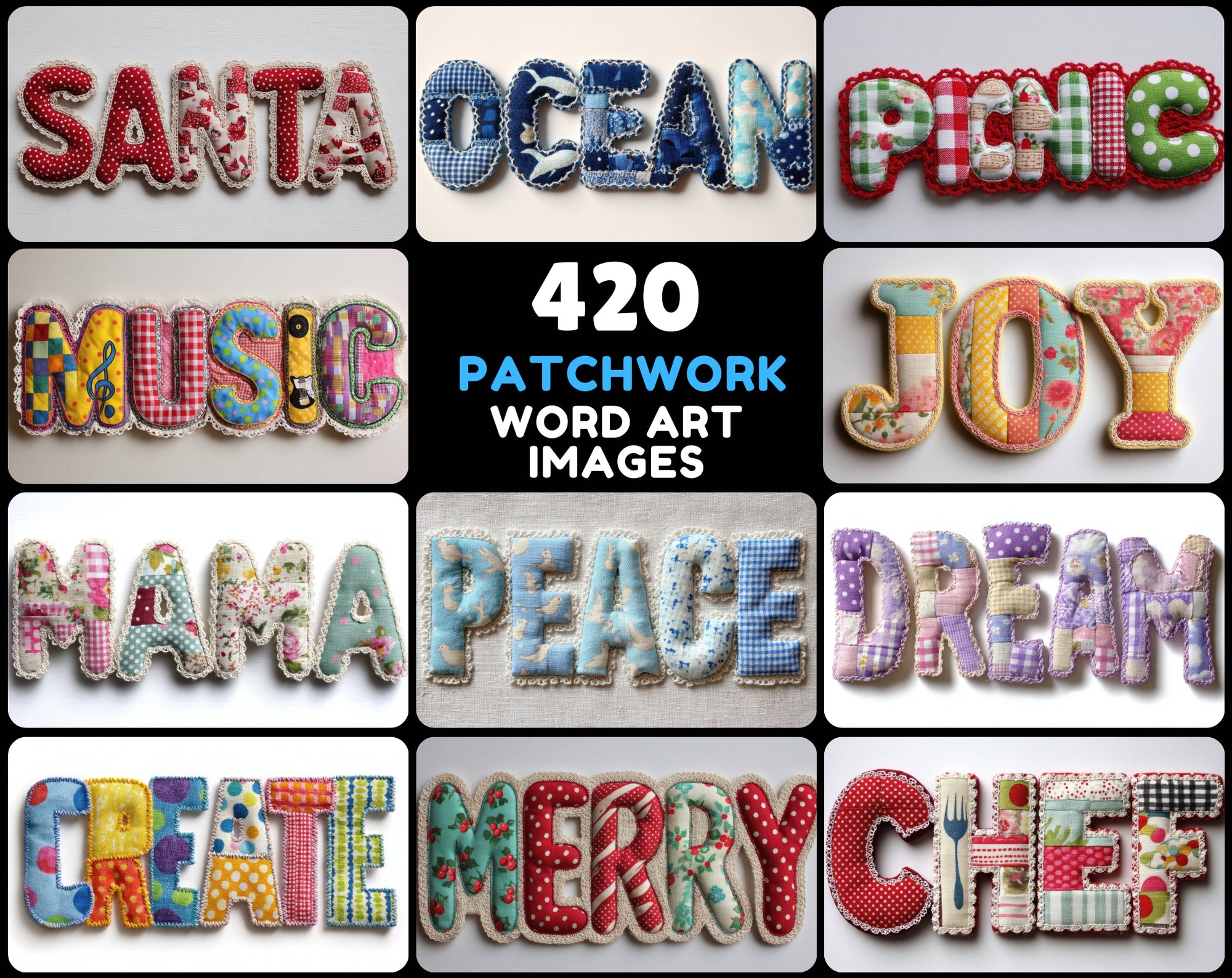 420 Fabric Patchwork Word Art Images | Retro Bubble Font Quilt Applique