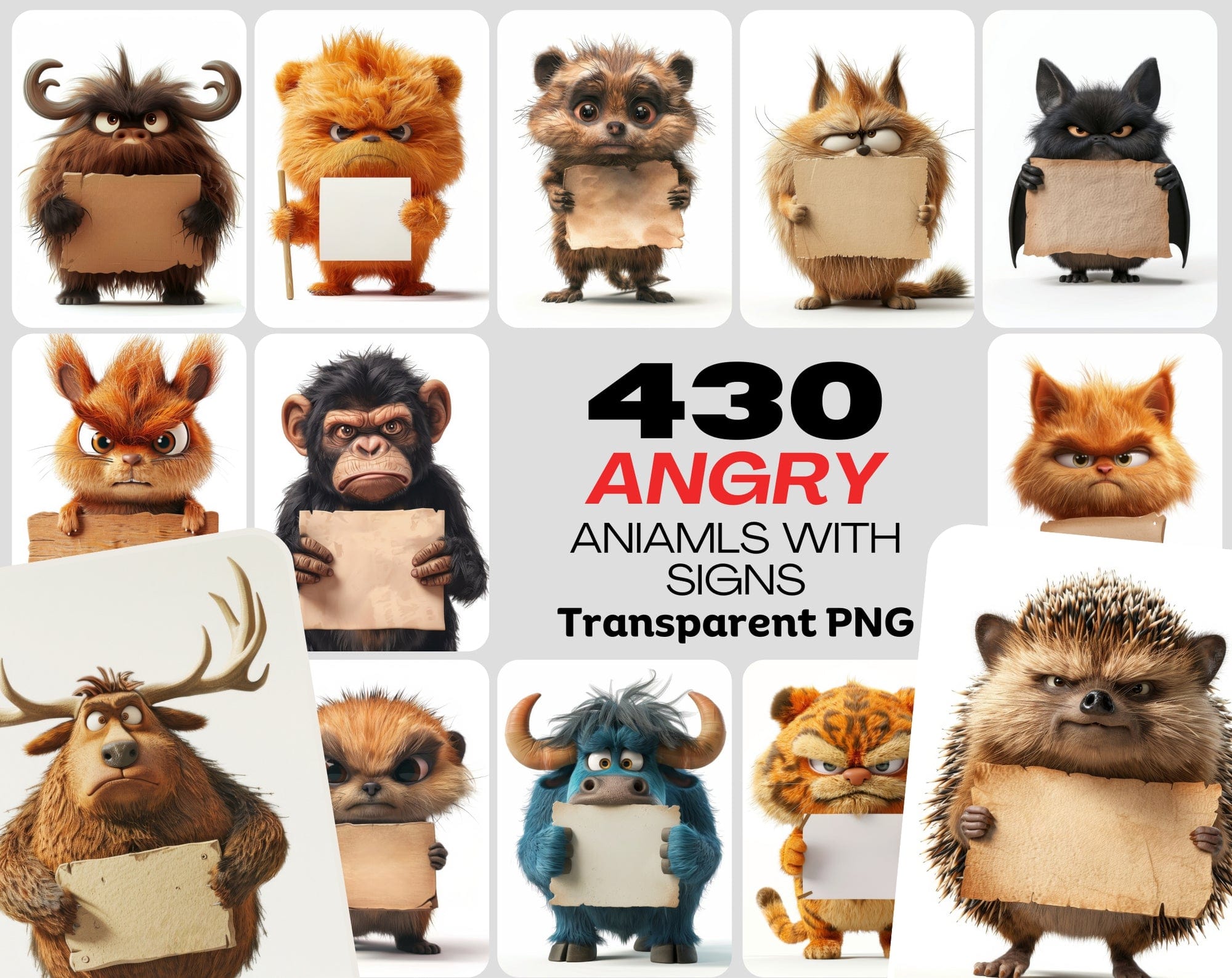 430 Angry, Fluffy Animals with Signs - High-Resolution PNG & JPG Images, Commercial License Included Digital Download Sumobundle