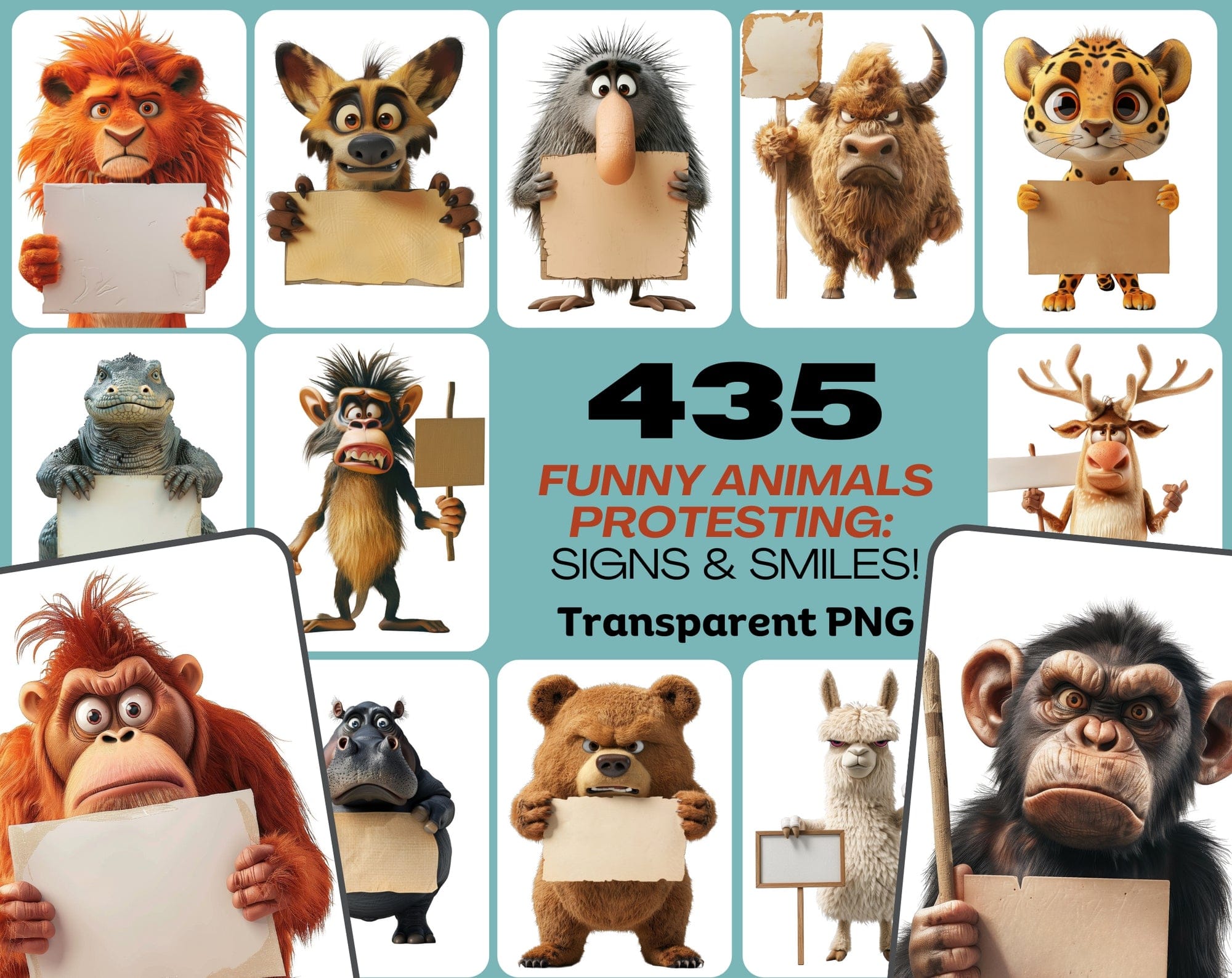 435 Funny Animals Protesting - Unique Designs for Creative Projects - Transparent PNG available Digital Download Sumobundle