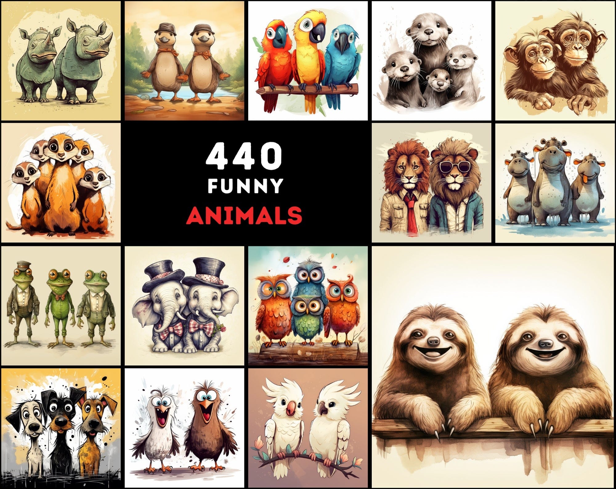 440 Vintage Animal Illustrations Bundle - Funny & Cute Digital Art with Commercial License, Digital Download Sumobundle