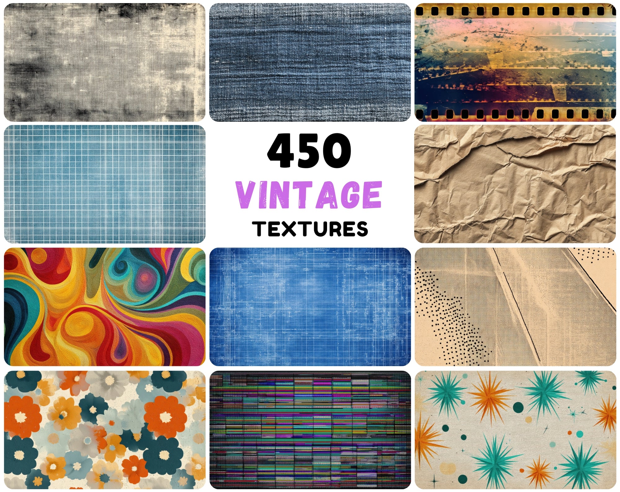 450 Vintage Texture Backgrounds Bundle - High Resolution 6552×3672px - Commercial License - Retro Paper, Fabric, Wood & More