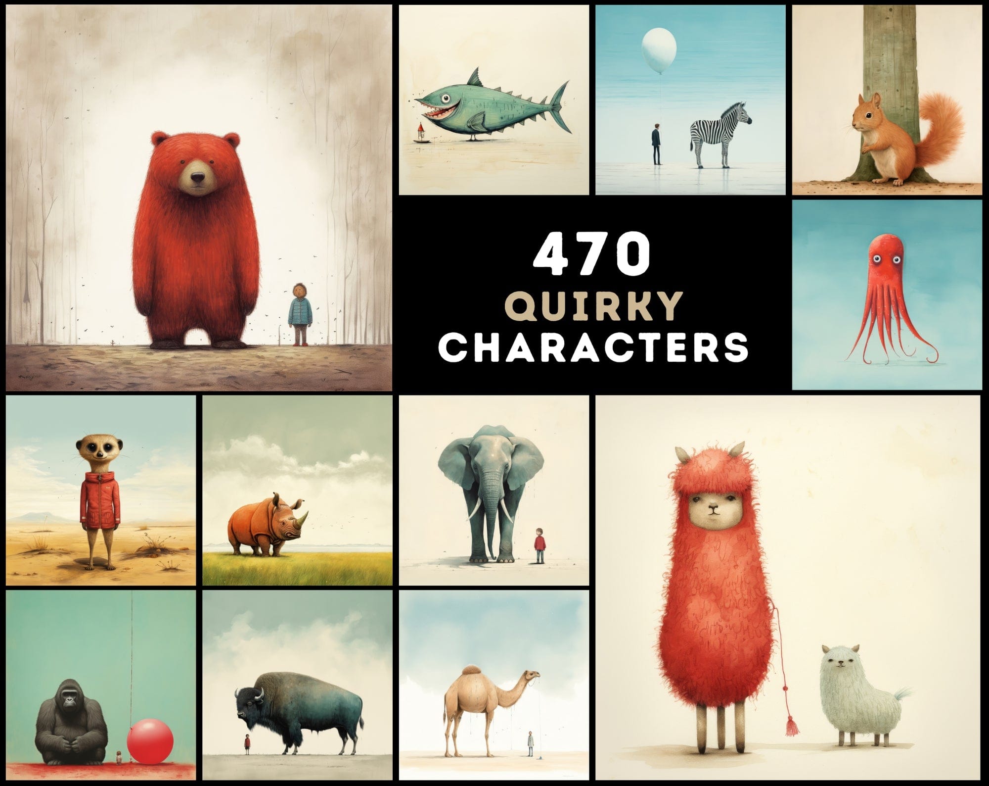 470 Whimsical Wonders: Colorful Animal & Creature Art Collection with Commercial License Digital Download Sumobundle