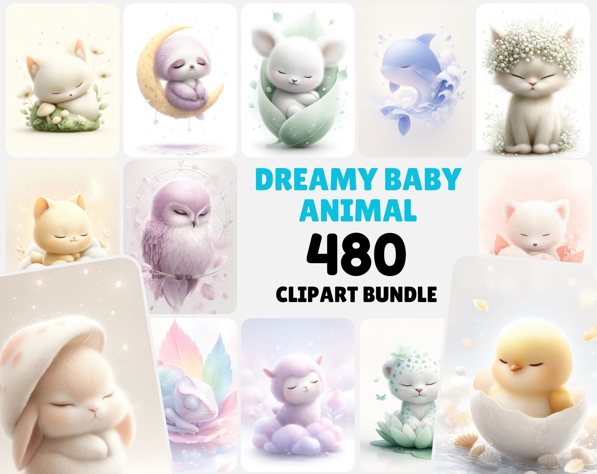 480 Watercolor Baby Animal Clipart, Dreamy Nursery Art Bundle, Pastel Illustrations, Commercial Use JPG