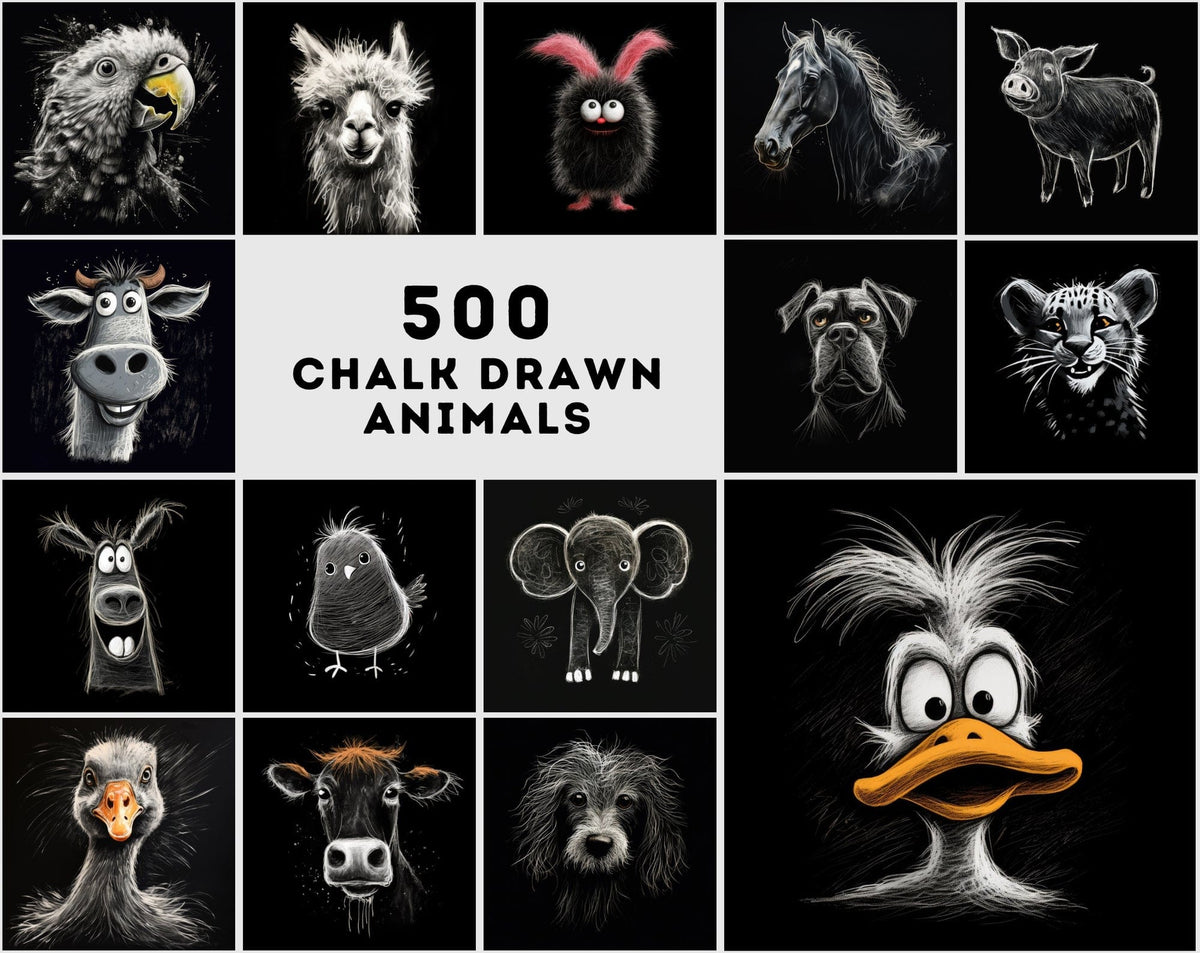 500 Chalk Animal Illustrations - High-Resolution PNG, Commercial Licen