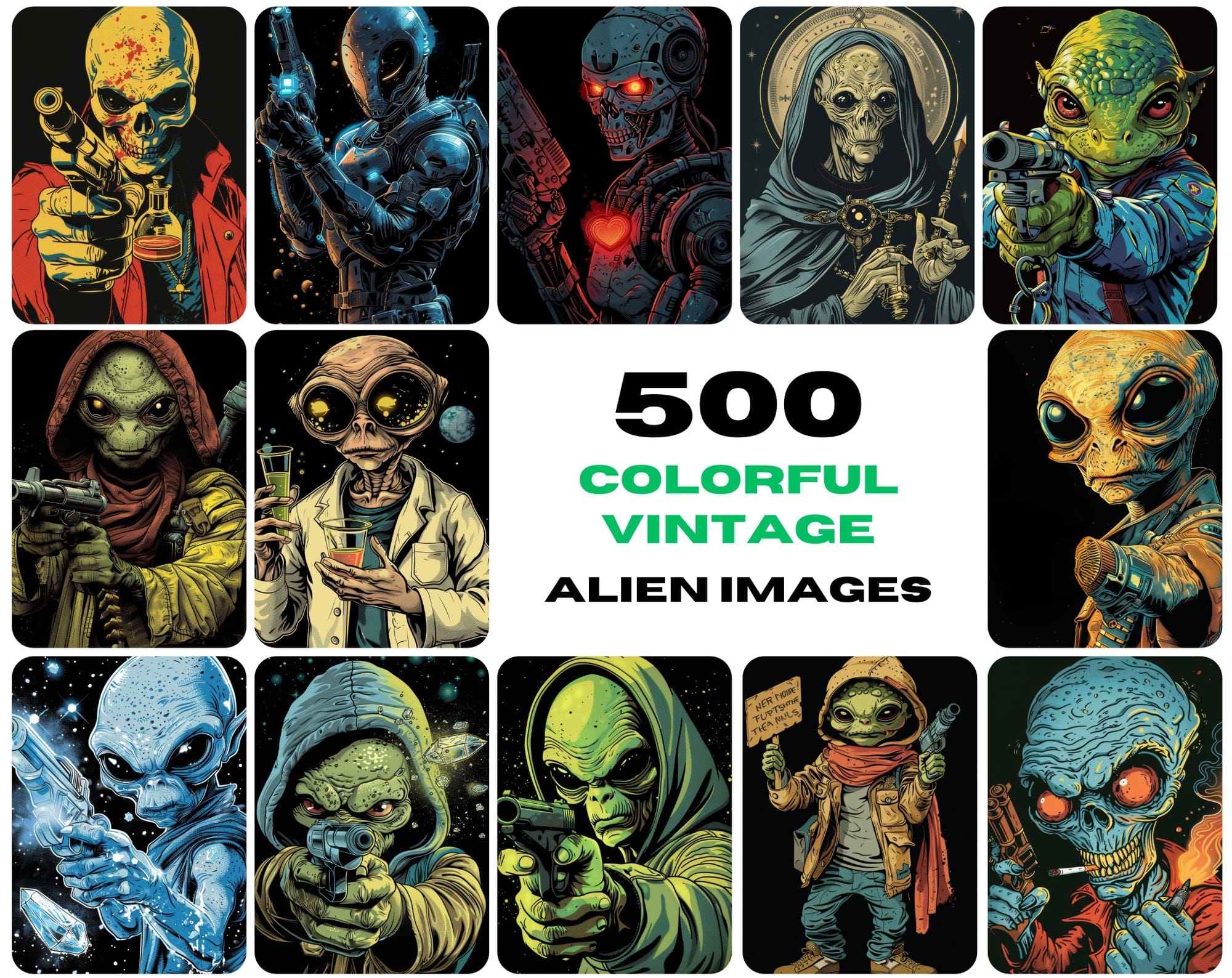 500 Colorful Retro Alien JPG Images Digital Download Sumobundle