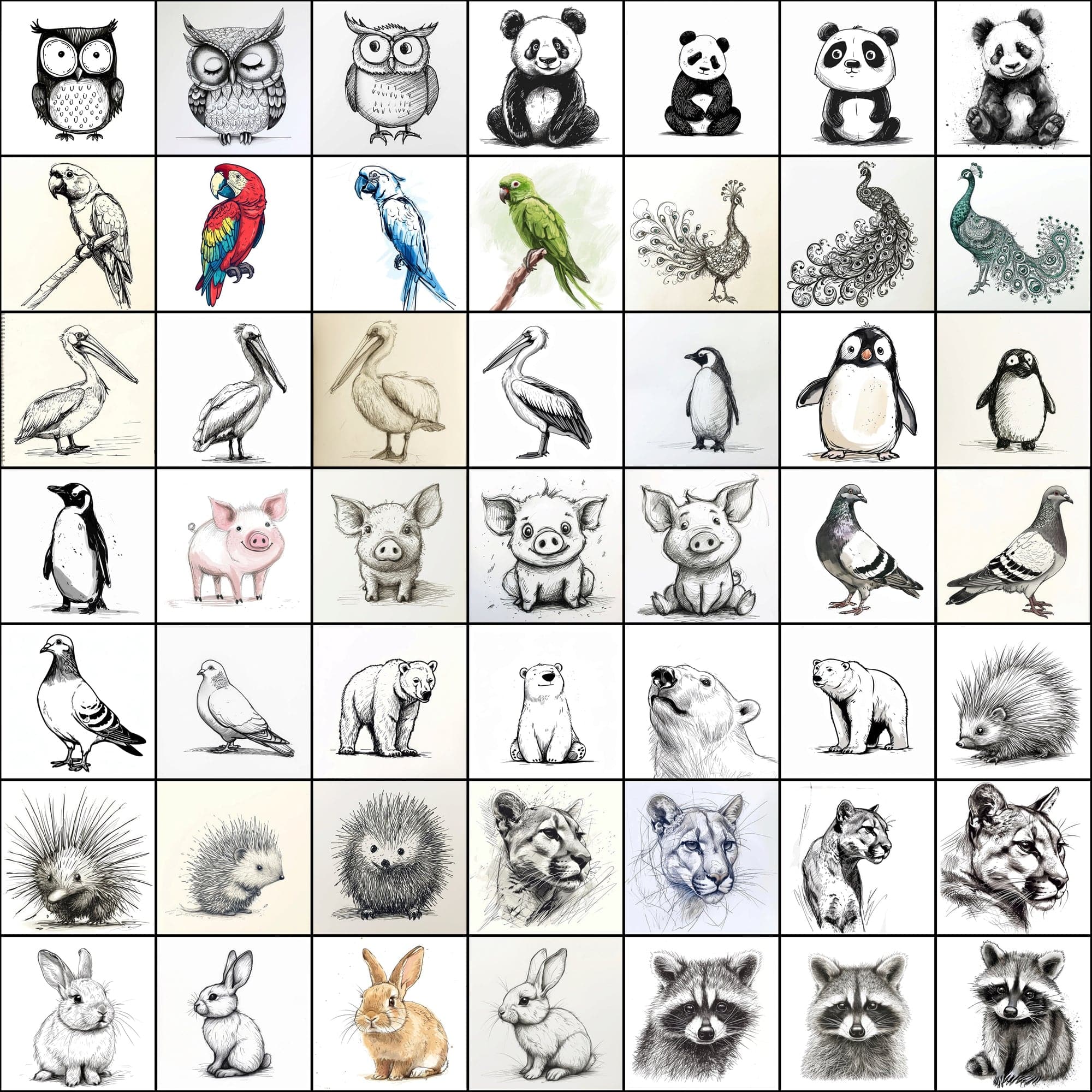 500 Doodle Animal Images, Black and White Digital Art Digital Download Sumobundle