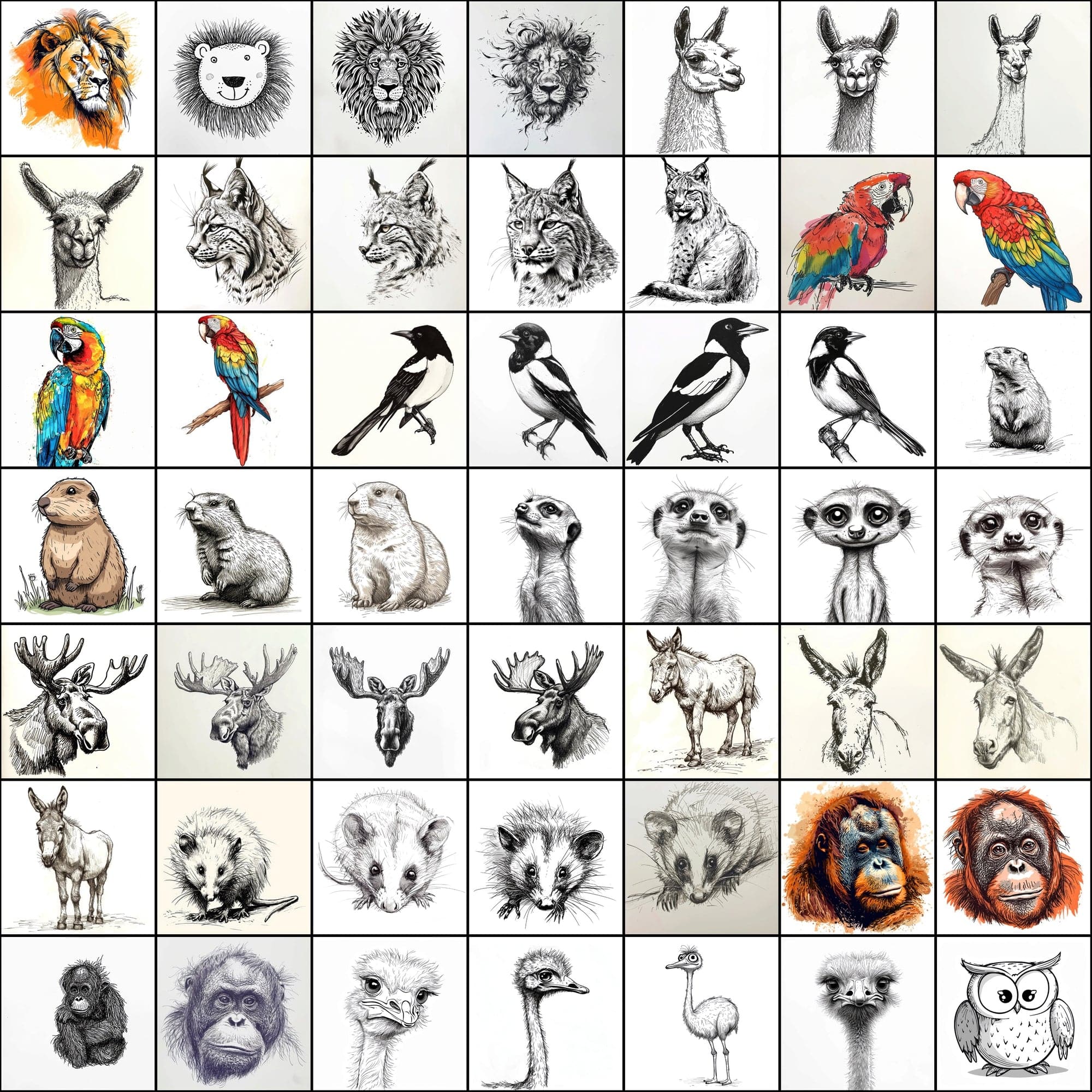 500 Doodle Animal Images, Black and White Digital Art Digital Download Sumobundle