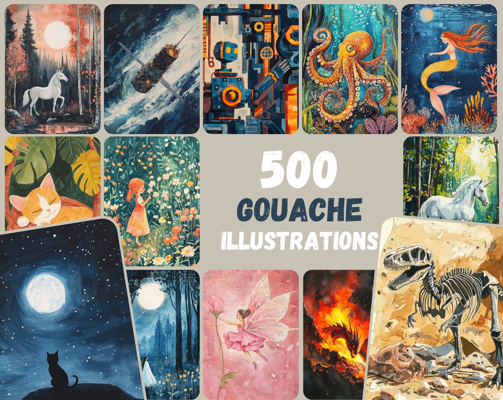 500 Unique Gouache Illustrations for Commercial Use Digital Download Sumobundle