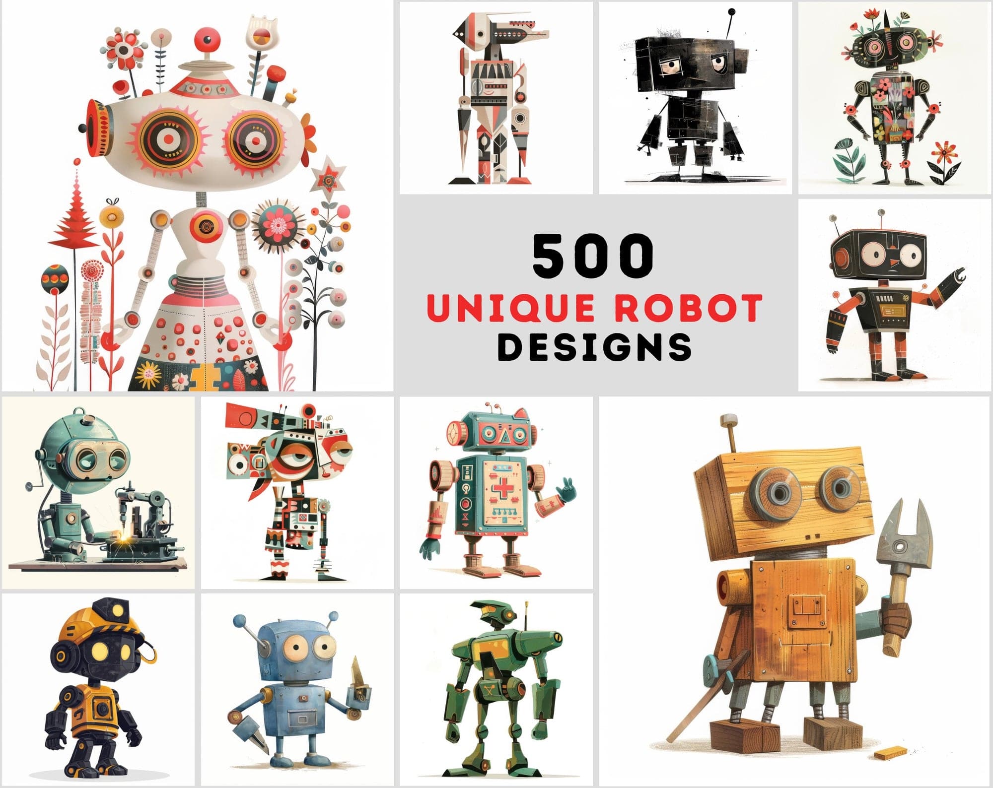 500 Vibrant Robot Designs: A Digital Odyssey of Colorful Imaginations Digital Download Sumobundle