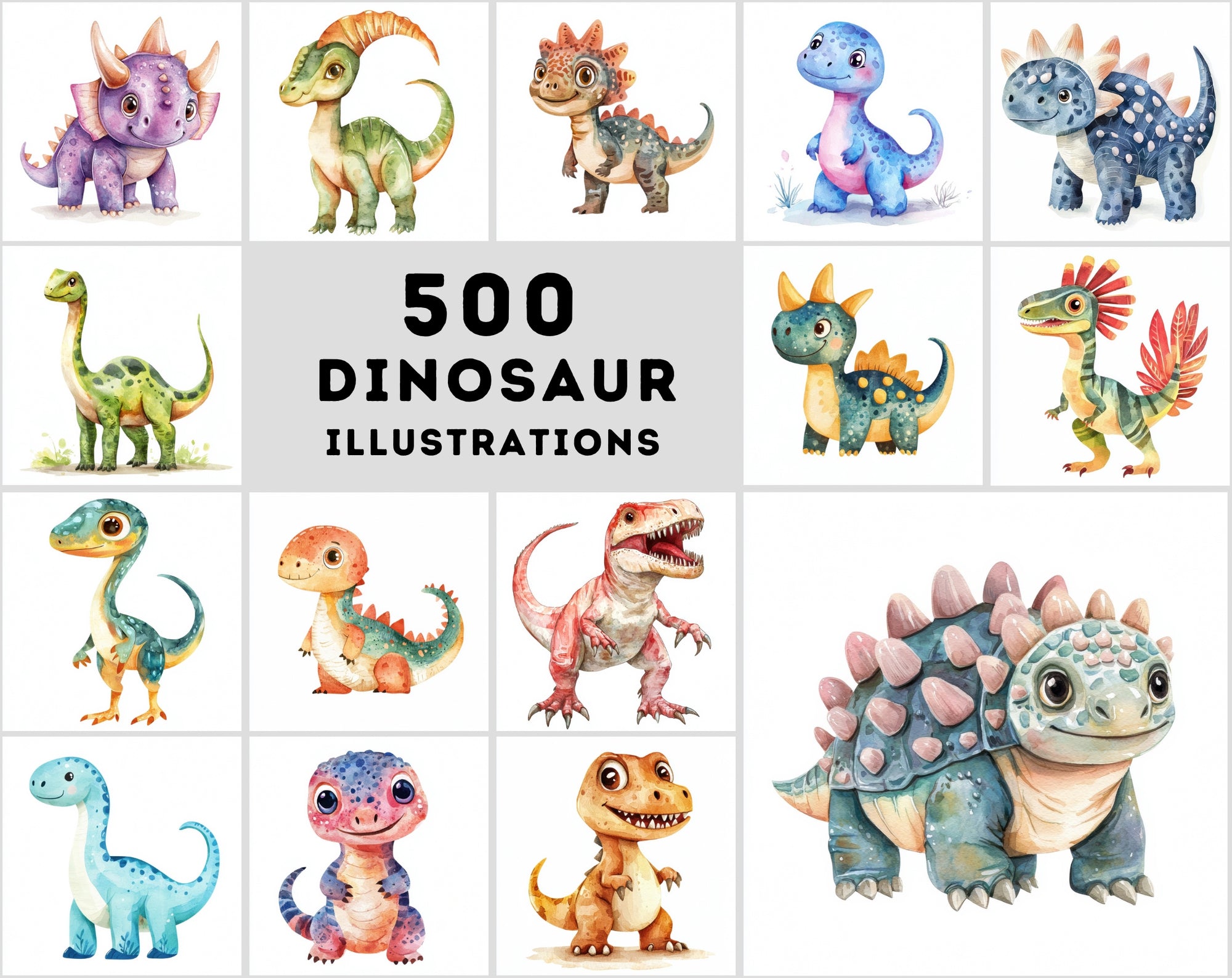 500 Watercolor Dinosaur Illustrations