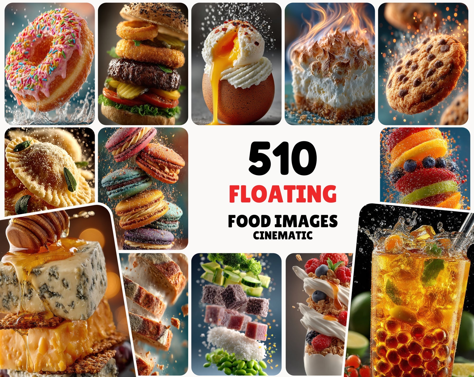 510 Floating Food Images – Hyper-Realistic, Cinematic JPG Collection with Commercial License