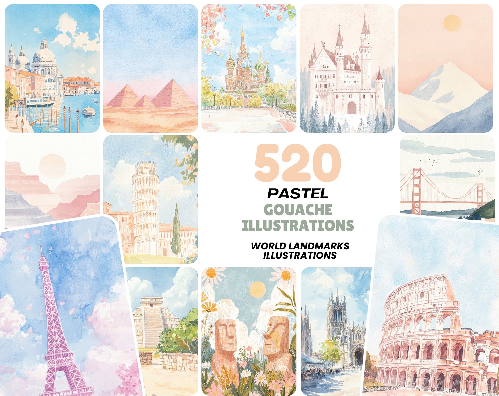 520 Gouache World Landmarks Illustrations | Pastel Color Travel Art