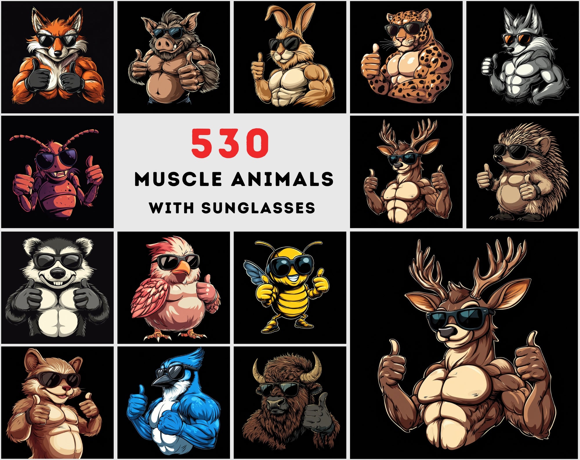 530 Cartoon Muscle Animals with Sunglasses