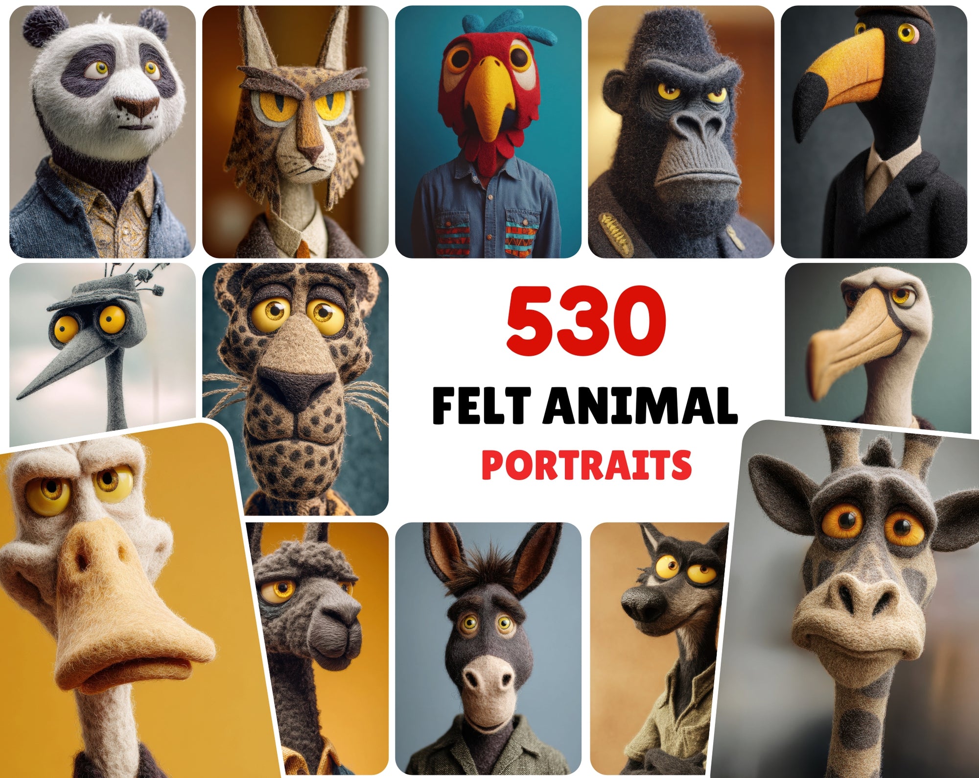 530 Felt Style Animal Portrait Images Bundle