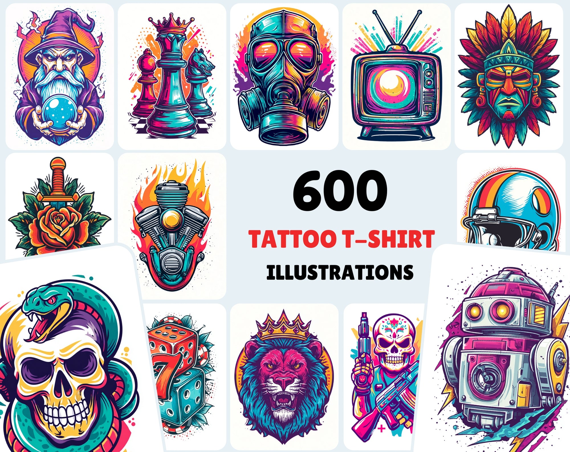 540 Bold Tattoo-Style T-Shirt Illustrations