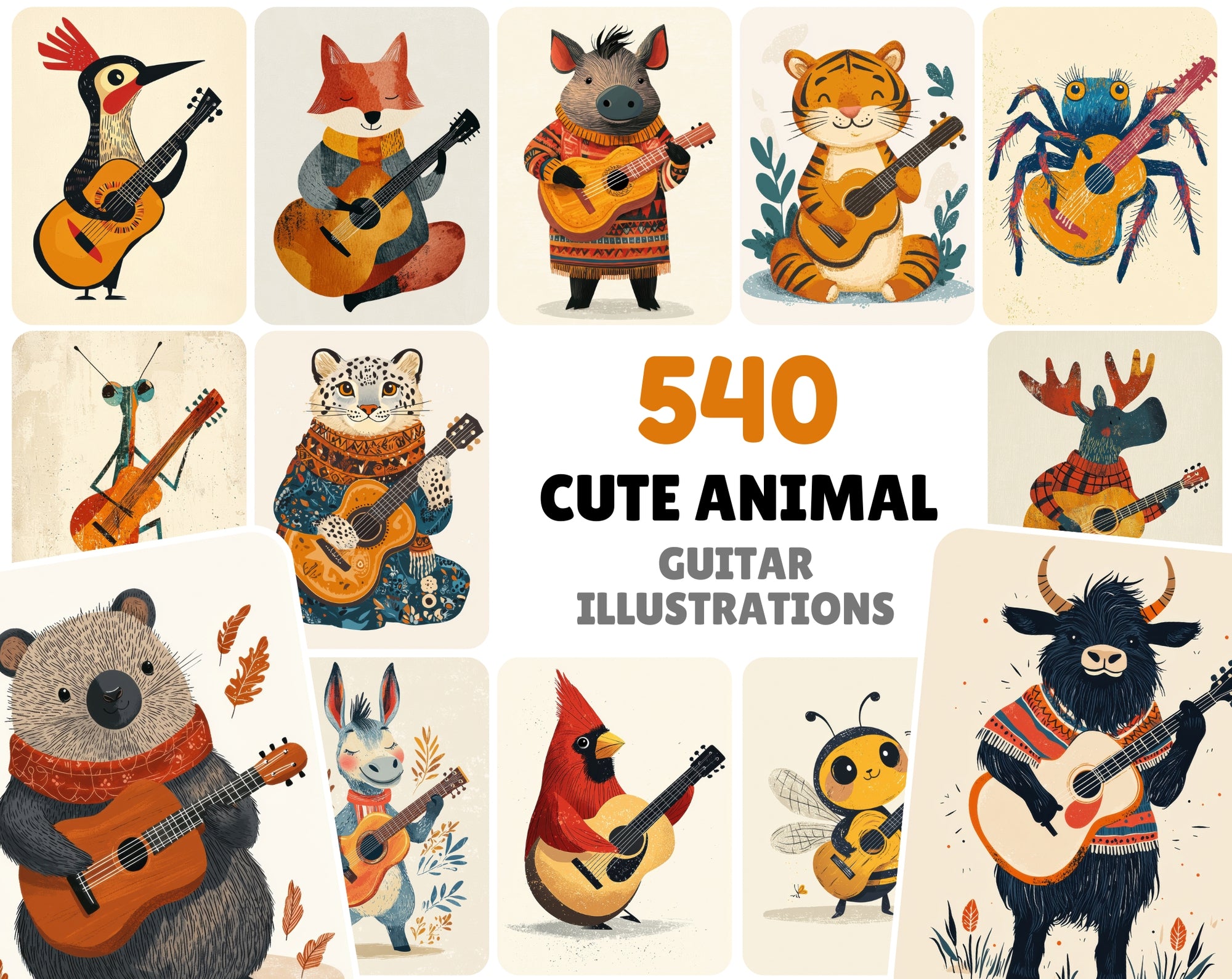 540 Cute Animal Guitar Illustrations