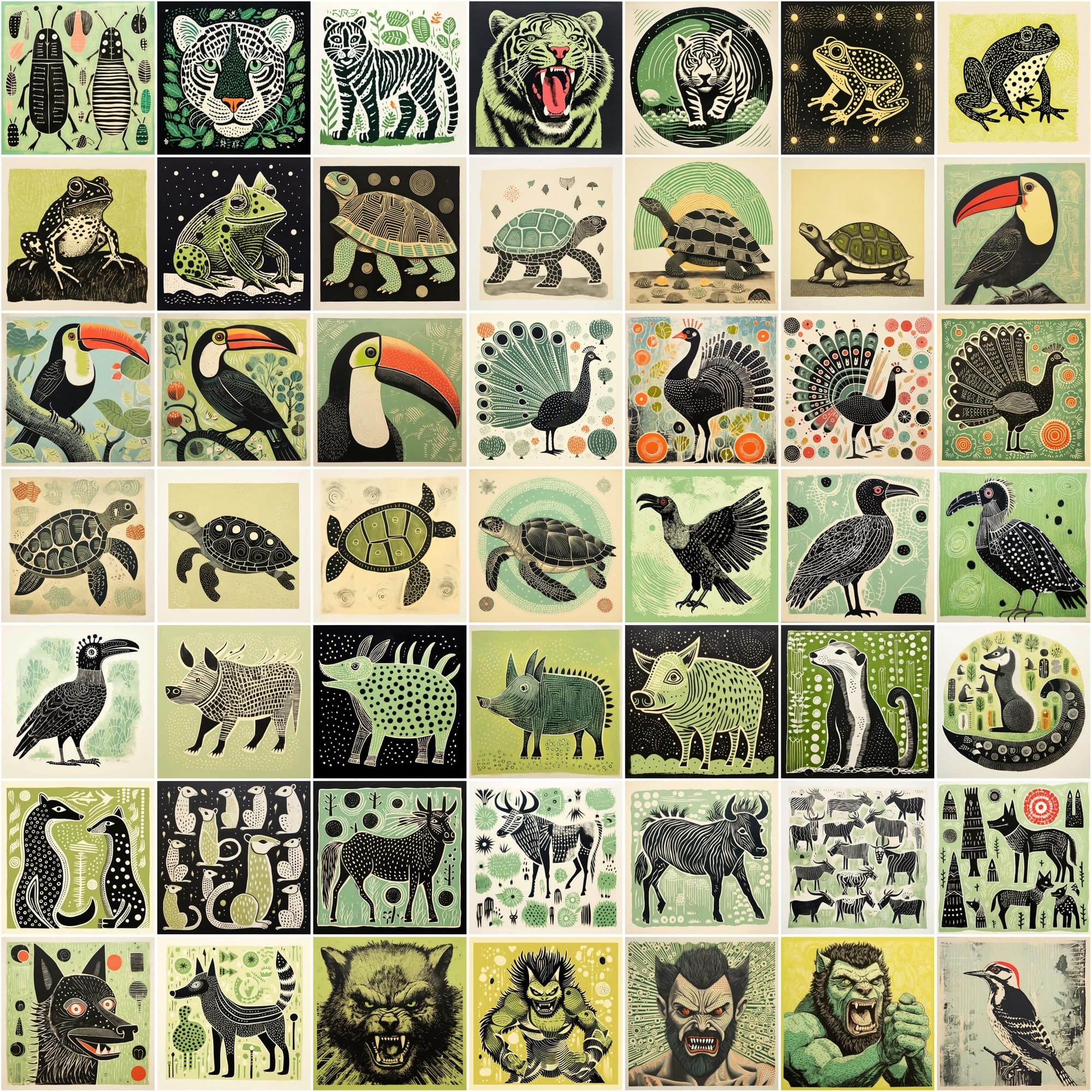 550 Stylized Animal Portraits, Green-Themed Colorful Digital Artwork with Commercial License Digital Download Sumobundle