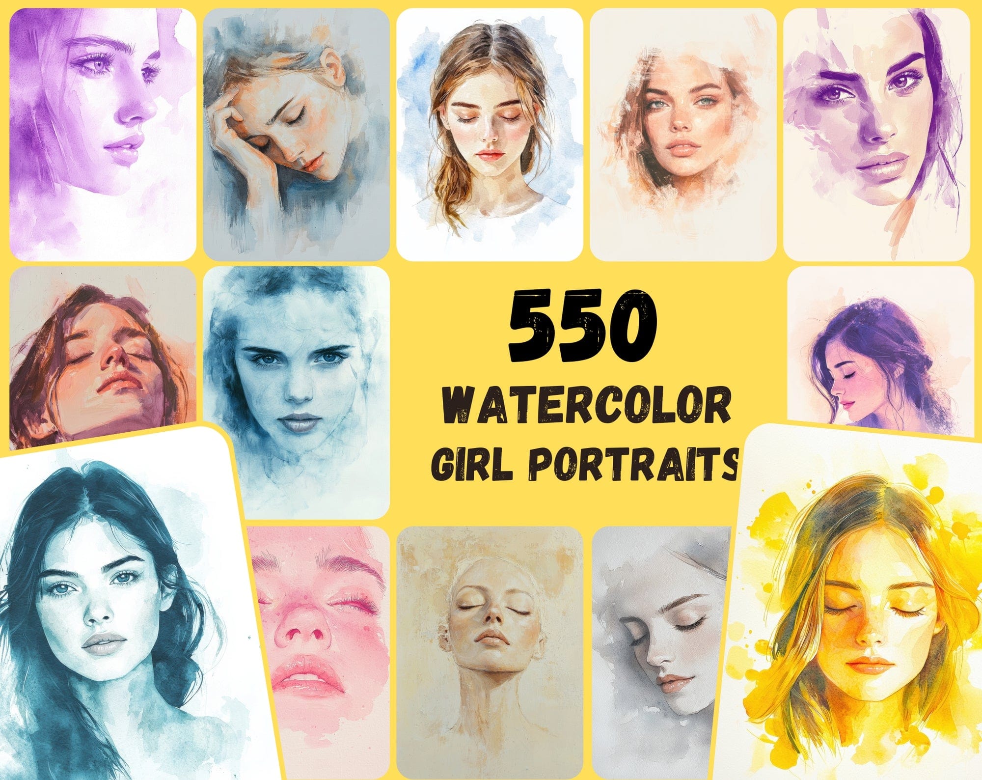 550 Watercolor-Style Girl Portraits | Delicate Digital Art Pack Digital Download Sumobundle