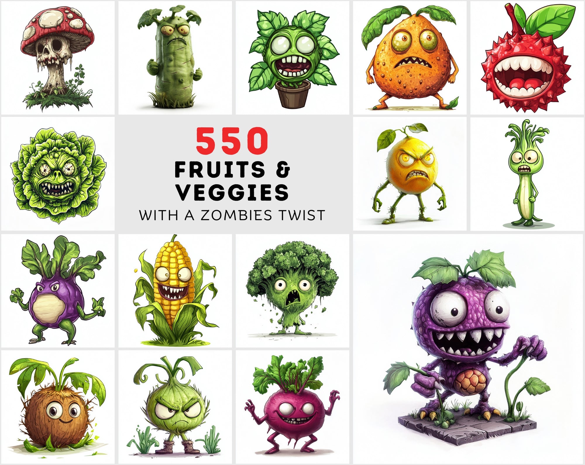 550 High-Resolution Fruits & Veggies Zombies-Themed Images