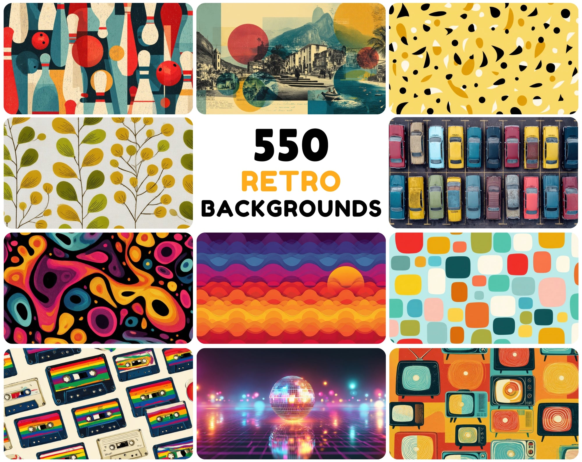 550 Retro Backgrounds Bundle | Vintage Mid-Century & Groovy 70s Patterns