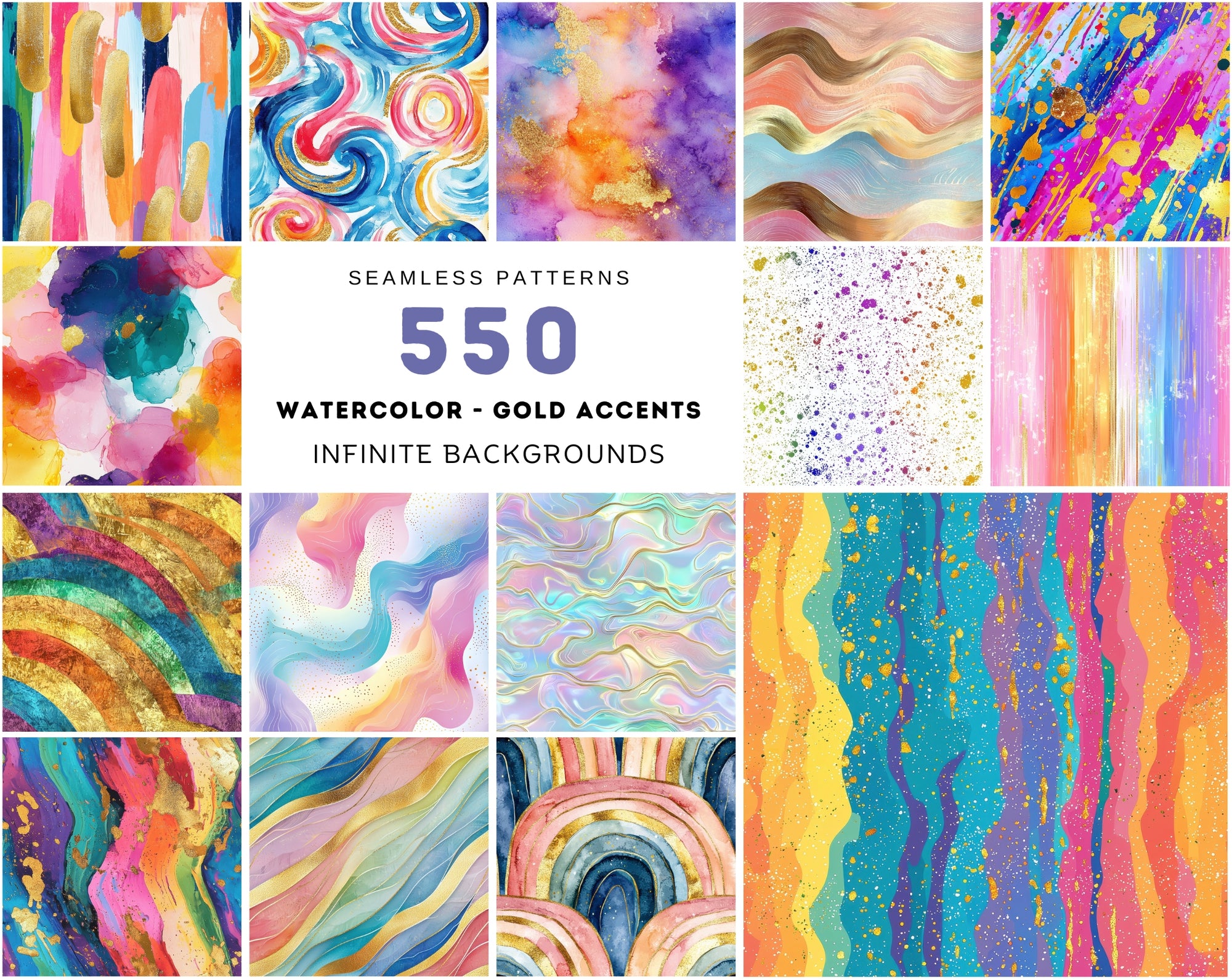 550 Watercolor Seamless Patterns | Vibrant Rainbow & Gold Textures