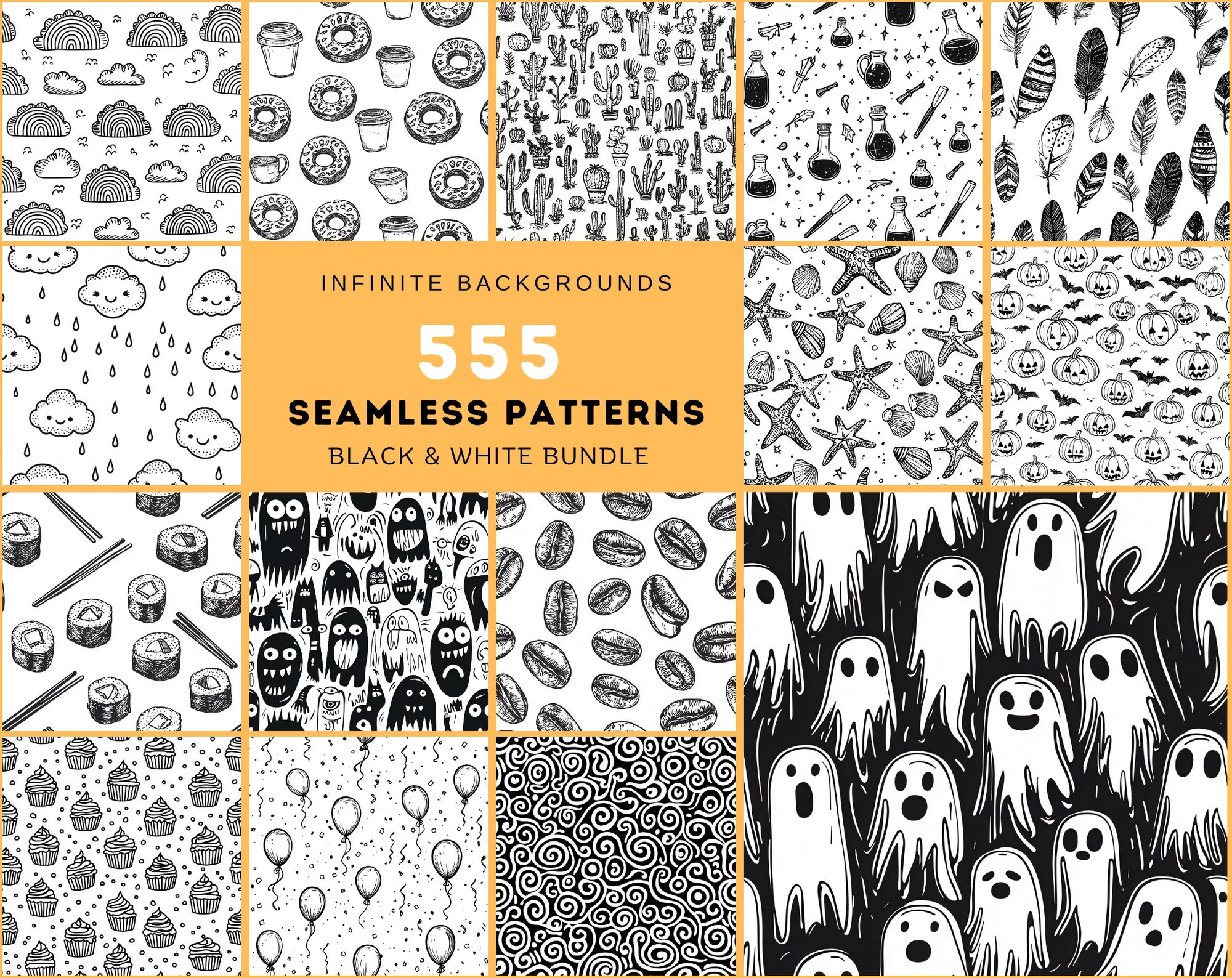 555 Black & White Seamless Patterns | Hand-Drawn Doodles, Geometric & Cute Designs