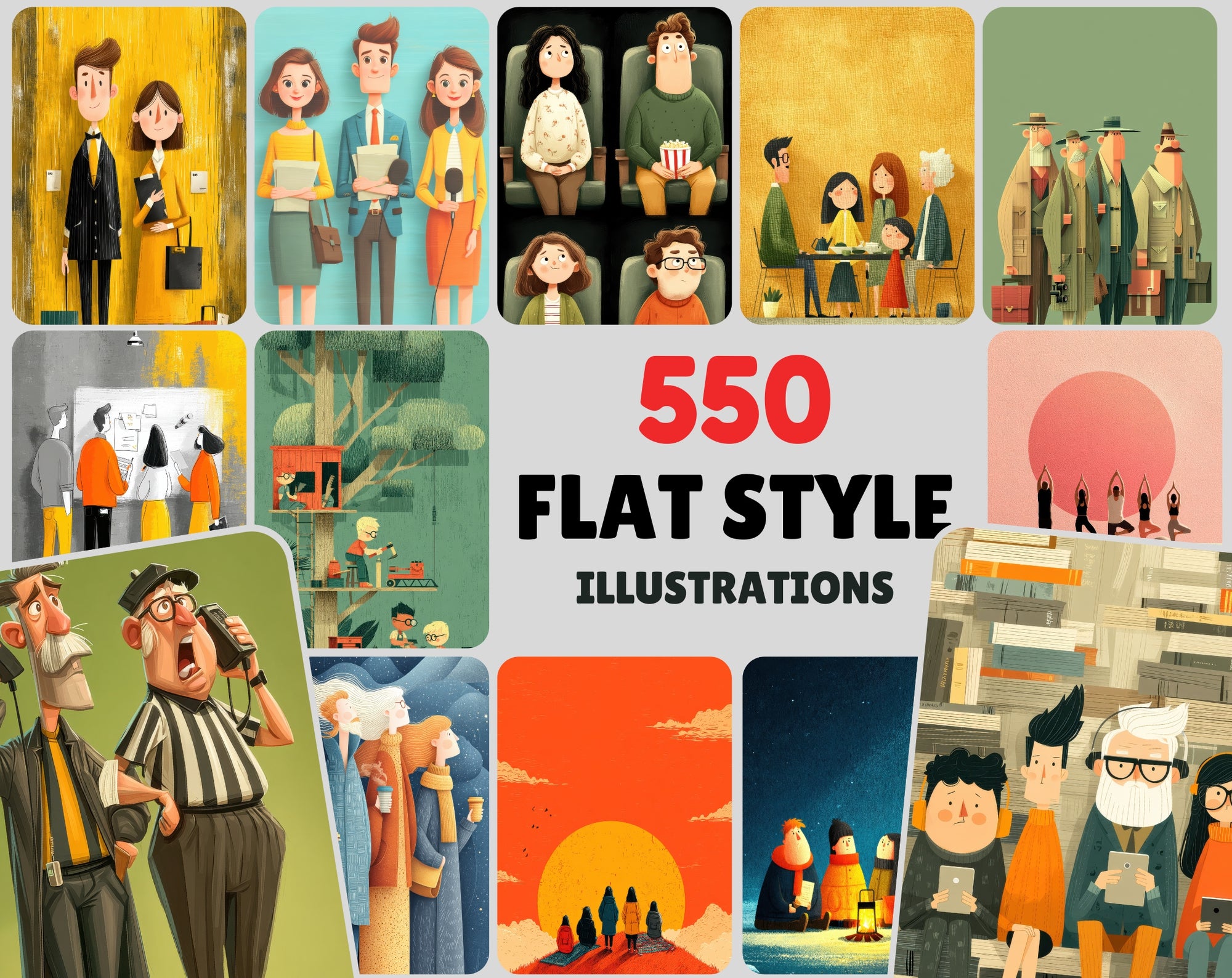 555 Flat Style Illustrations Bundle | High-Res JPGs with Commercial License