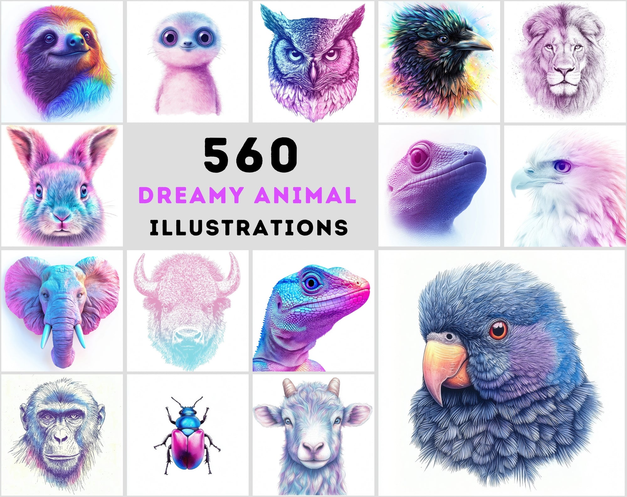 560 Dreamy Animal Face Illustrations Bundle | Charcoal Art with Pastel Backgrounds