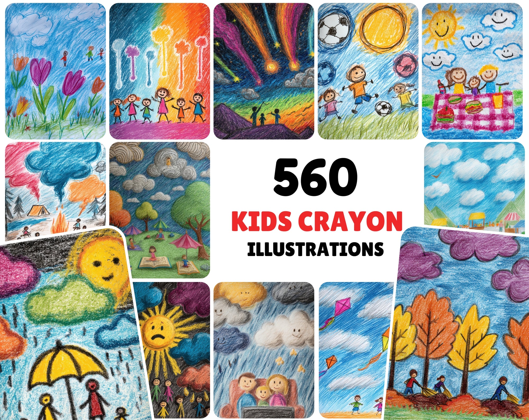 560 Kids Crayon Drawing Illustrations – Whimsical Weather-Themed JPG Art with Commercial License