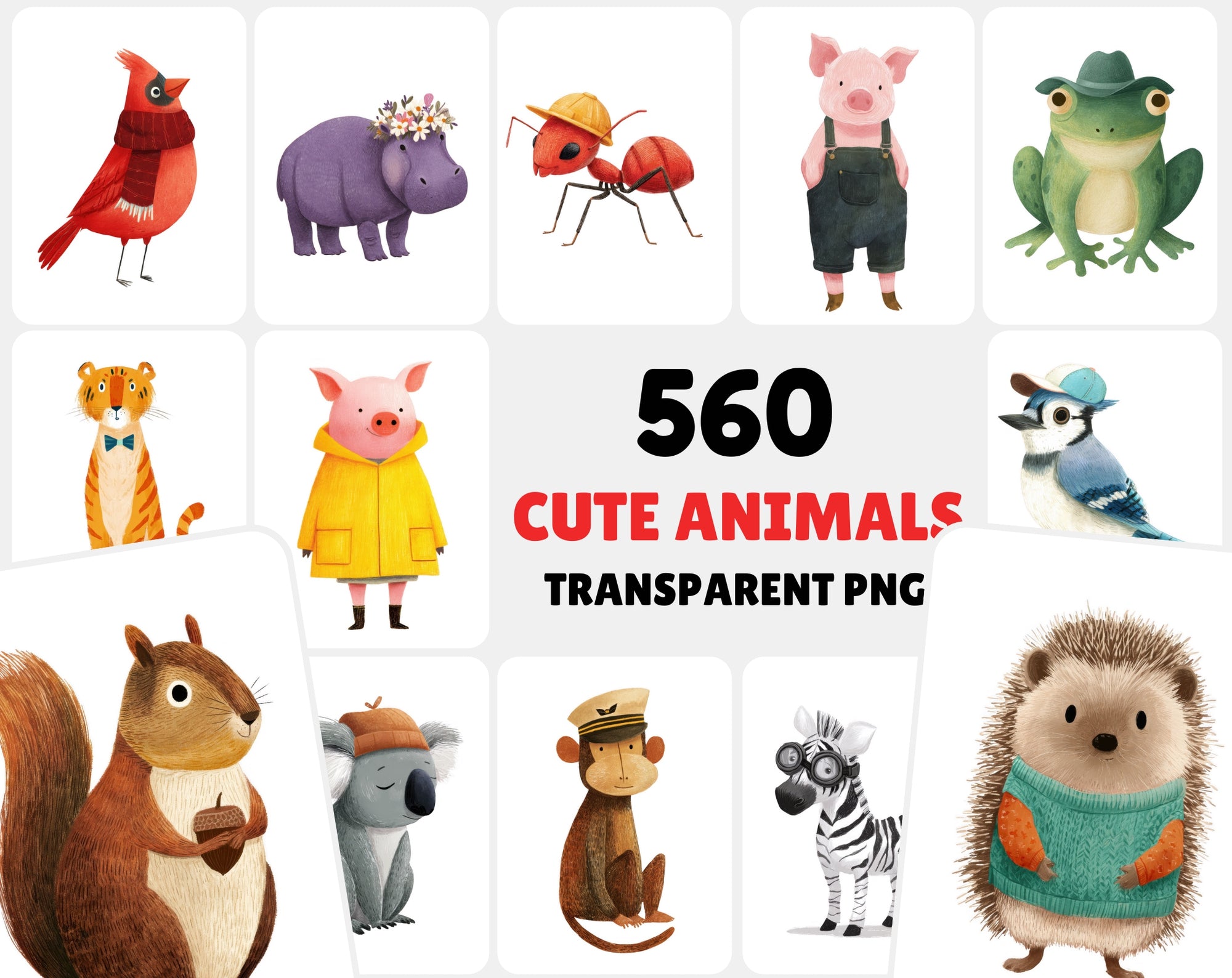 560 Transparent Animal PNGs • Kids-Book Style Clipart