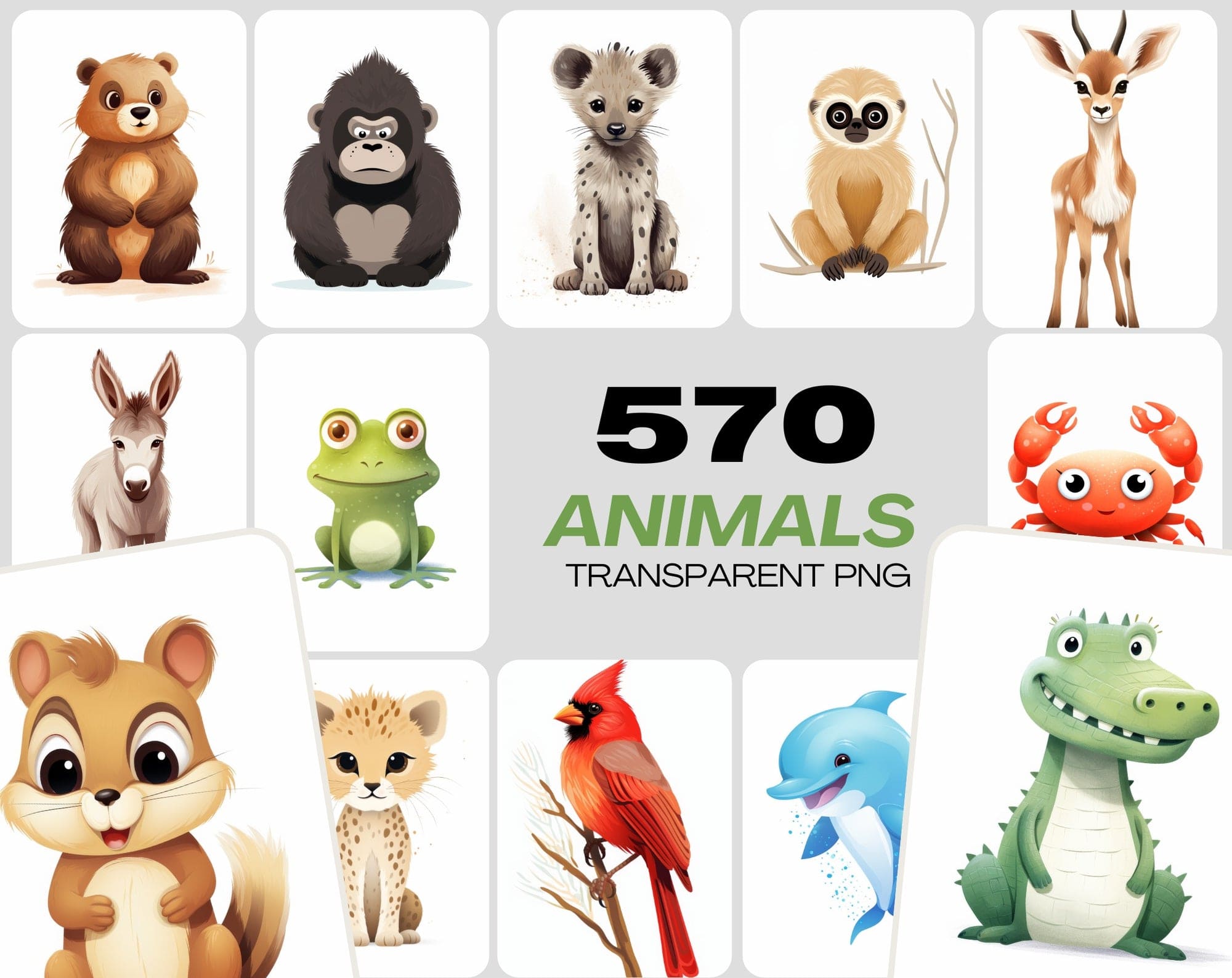 570 Cute Animal Illustrations Bundle Digital Download Sumobundle