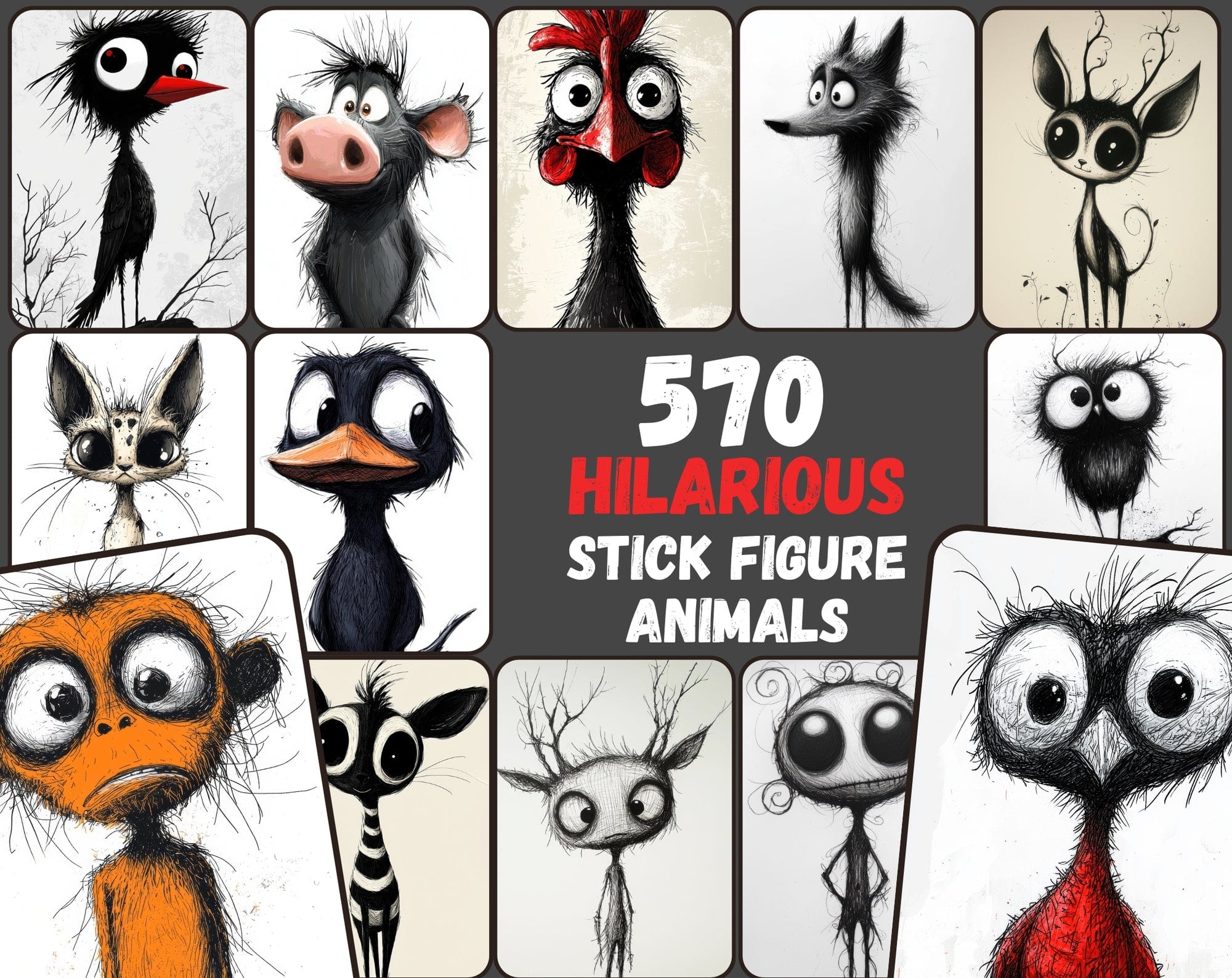 570 Hilarious Stick Figure Animal Illustrations Digital Download Sumobundle