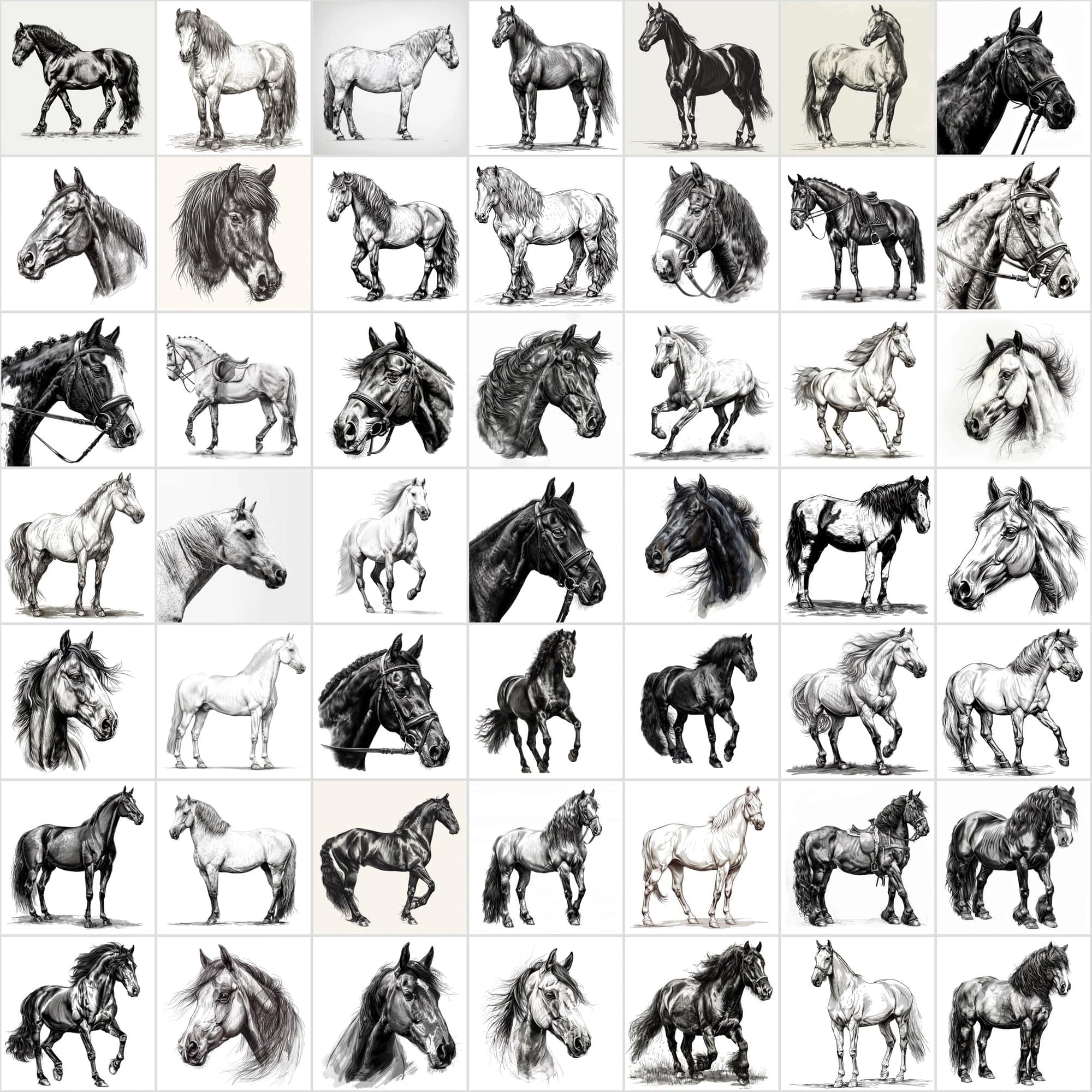570 Horse Breed Sketches Black & White - Commercial License Digital Download Sumobundle