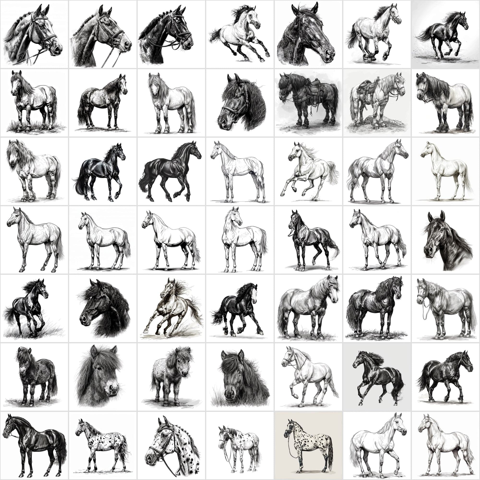 570 Horse Breed Sketches Black & White - Commercial License Digital Download Sumobundle