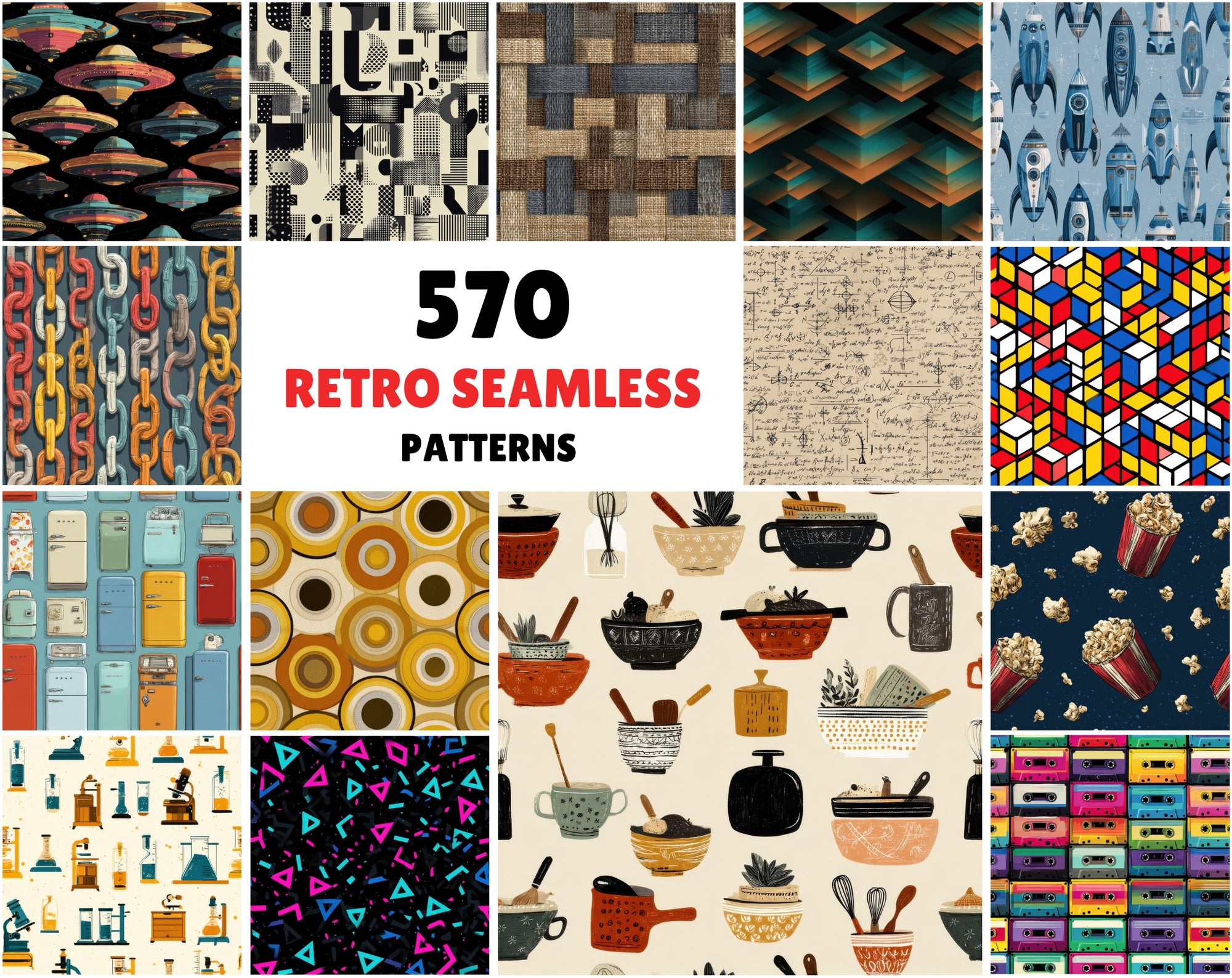 570 Retro Seamless Patterns | Vintage Mid-Century & Retro Digital Papers
