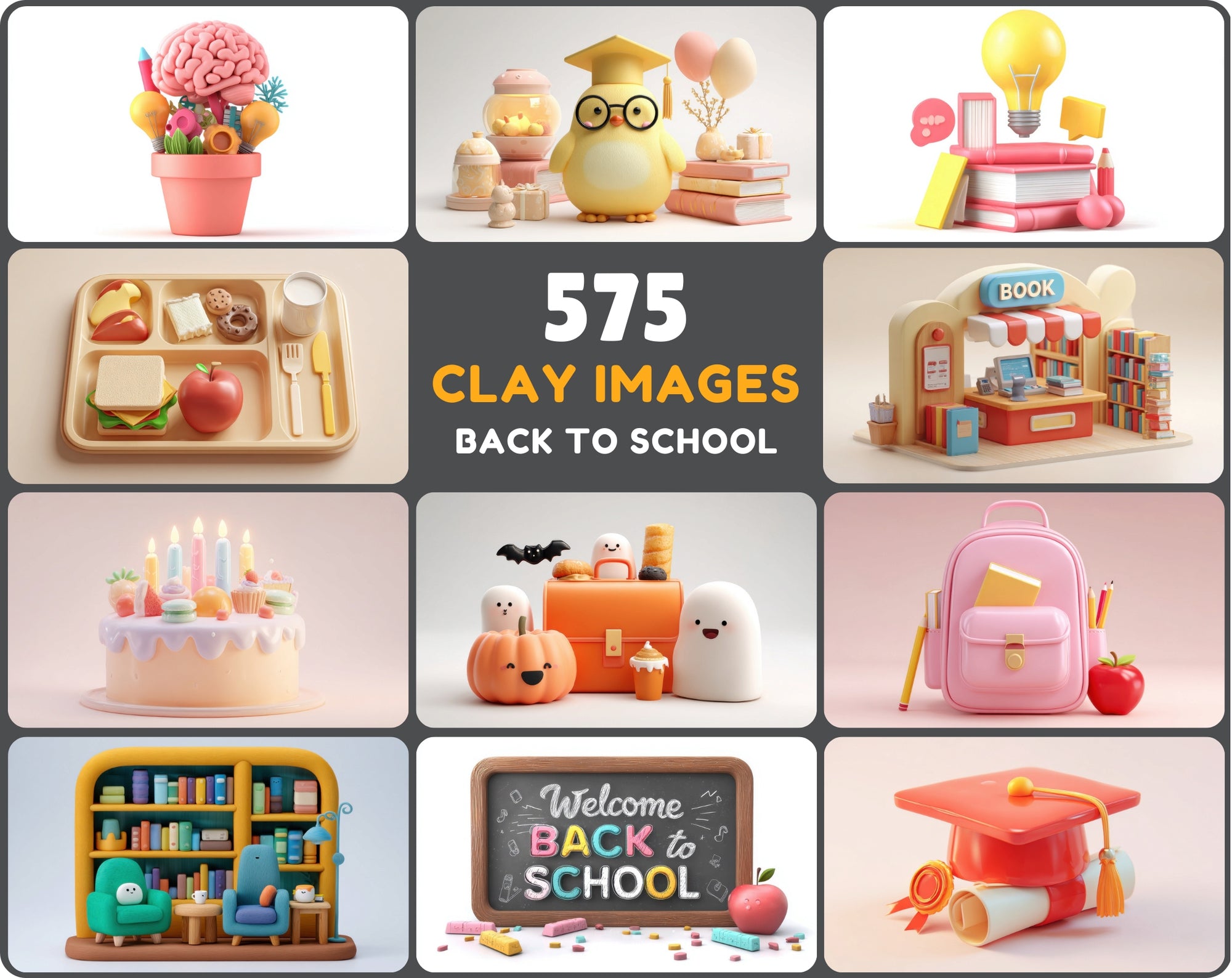 575 Clay Back-to-School Images • Pastel 3D Clipart