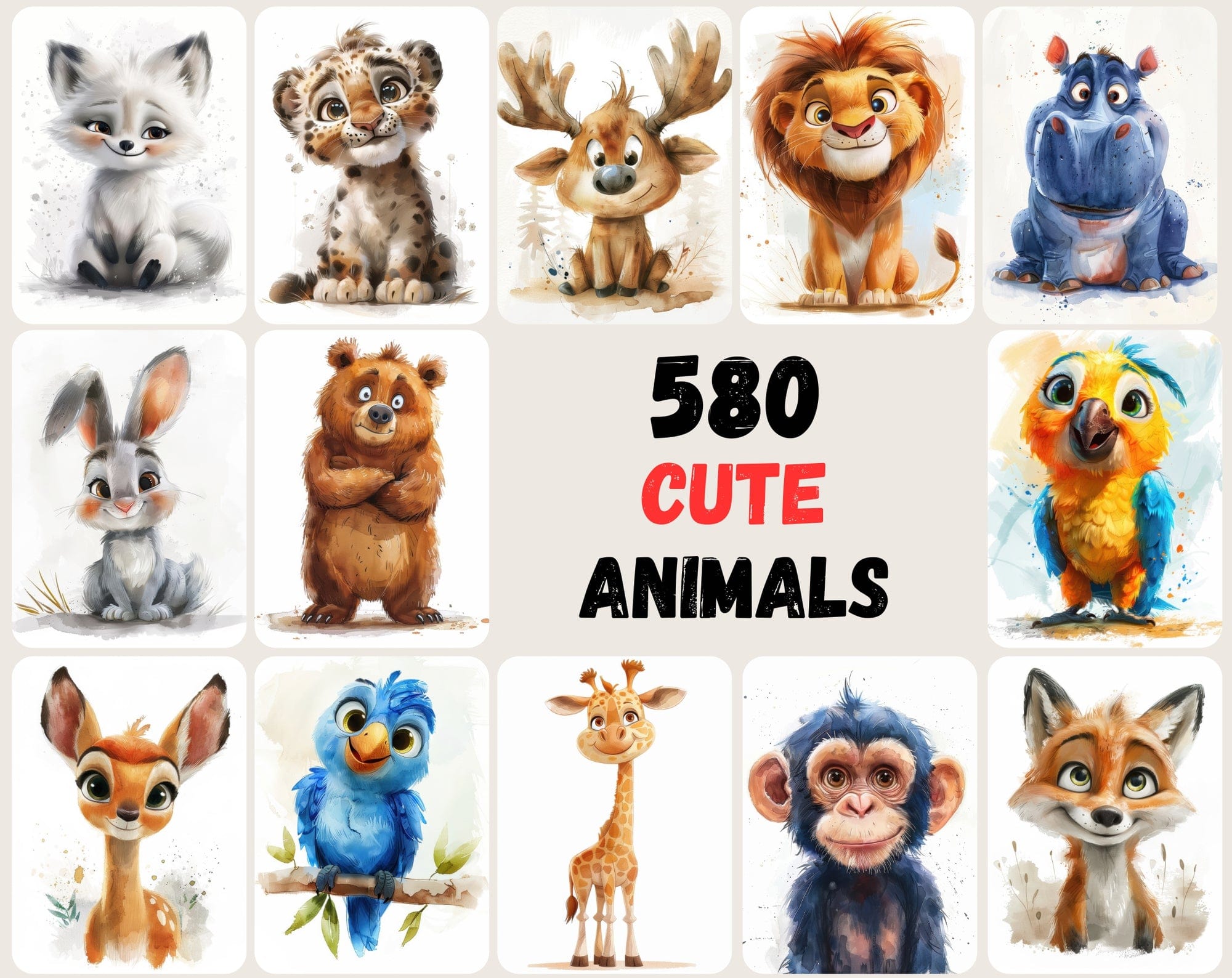 580 Cute Animal Watercolour Illustrations - Commercial License Included Digital Download Sumobundle