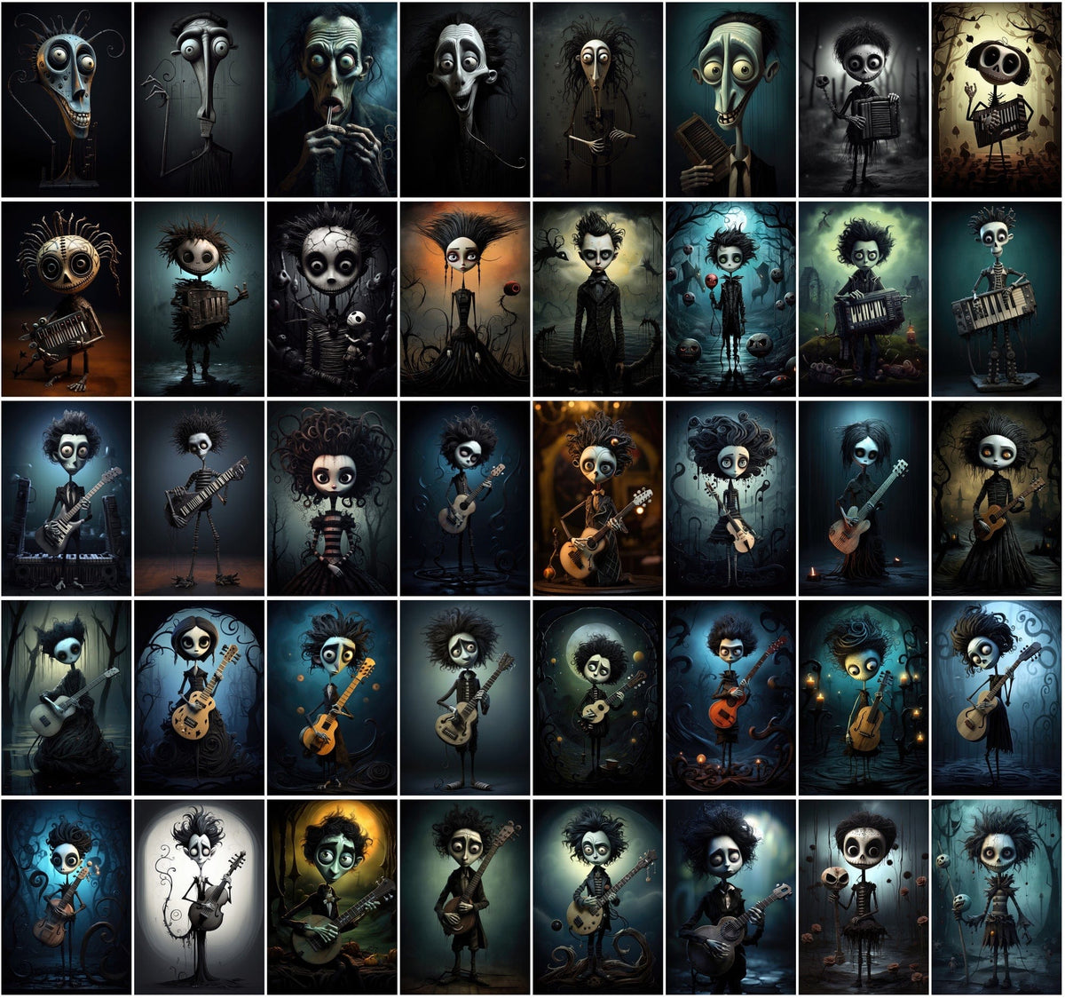 580 Dark & Dreamy Characters with Musical Instruments - Unique Wall Ar