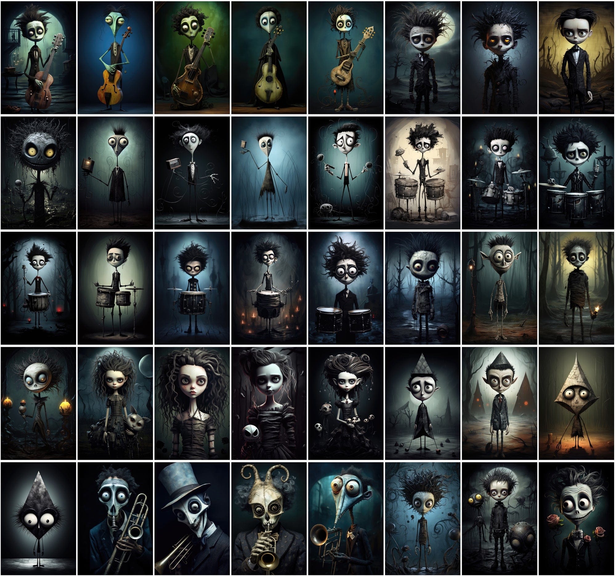 580 Dark & Dreamy Characters with Musical Instruments - Unique Wall Art Digital Download Sumobundle