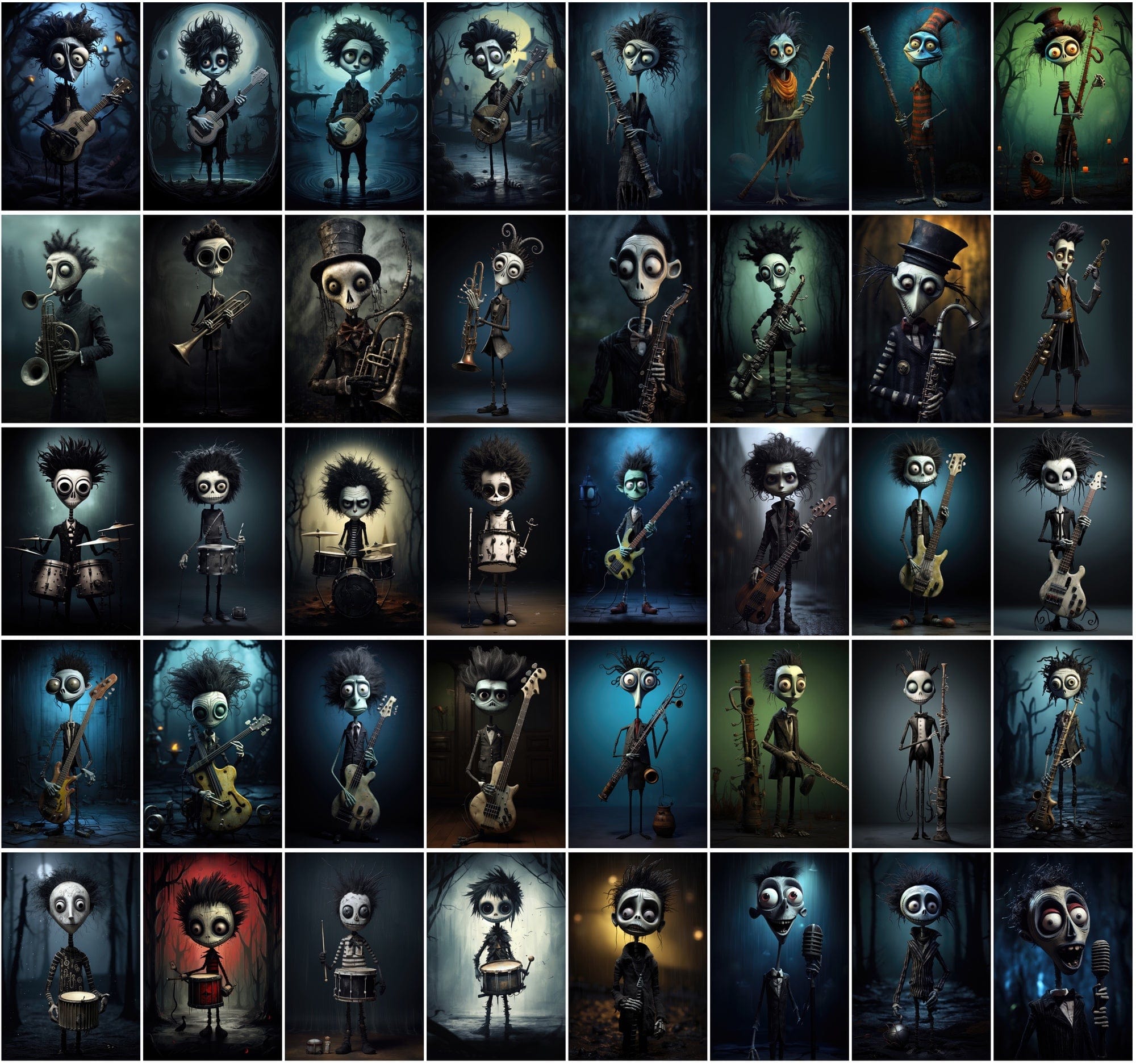 580 Dark & Dreamy Characters with Musical Instruments - Unique Wall Art Digital Download Sumobundle