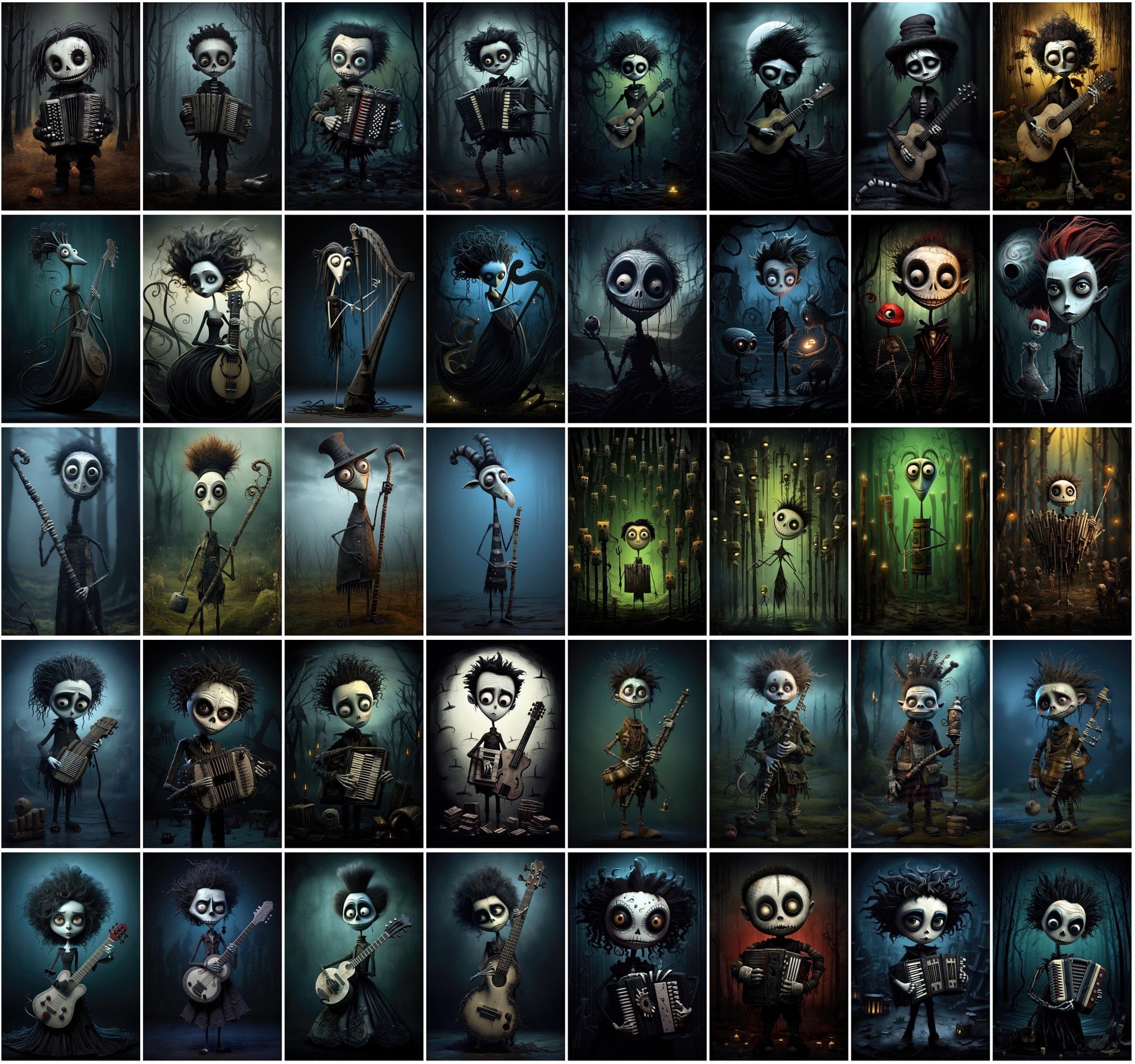 580 Dark & Dreamy Characters with Musical Instruments - Unique Wall Art Digital Download Sumobundle