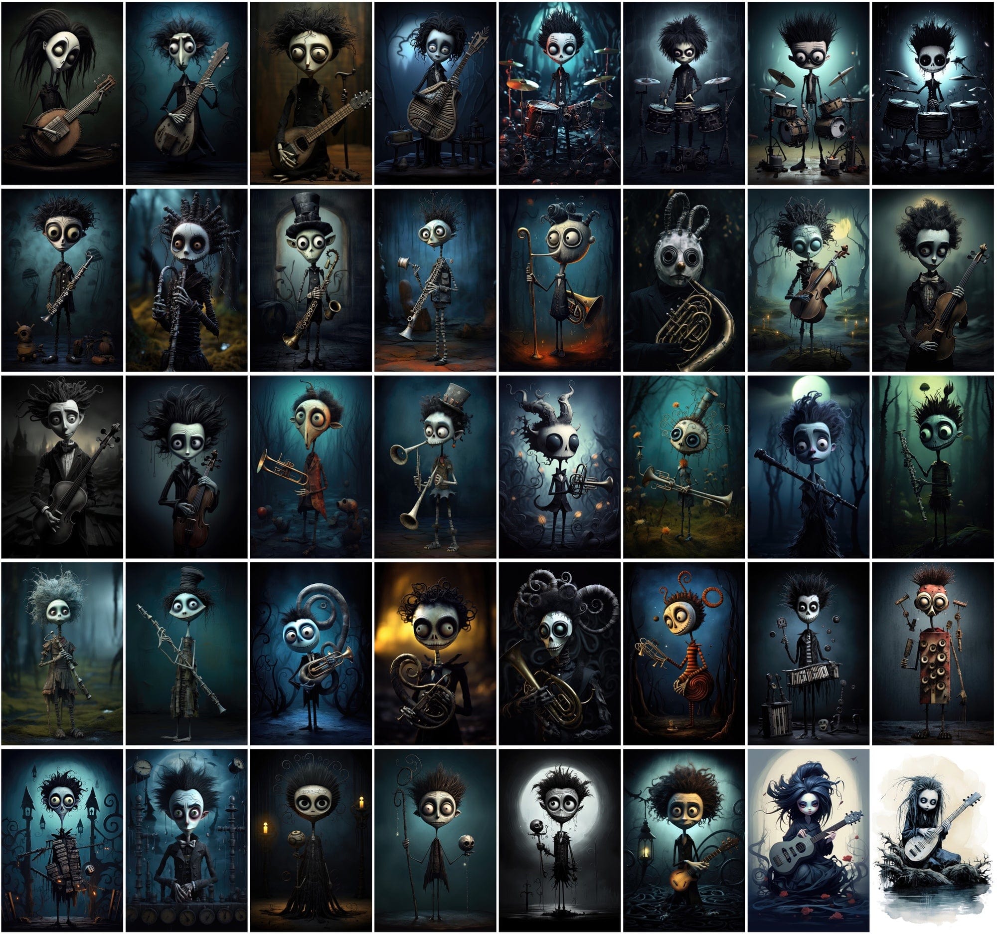 580 Dark & Dreamy Characters with Musical Instruments - Unique Wall Art Digital Download Sumobundle