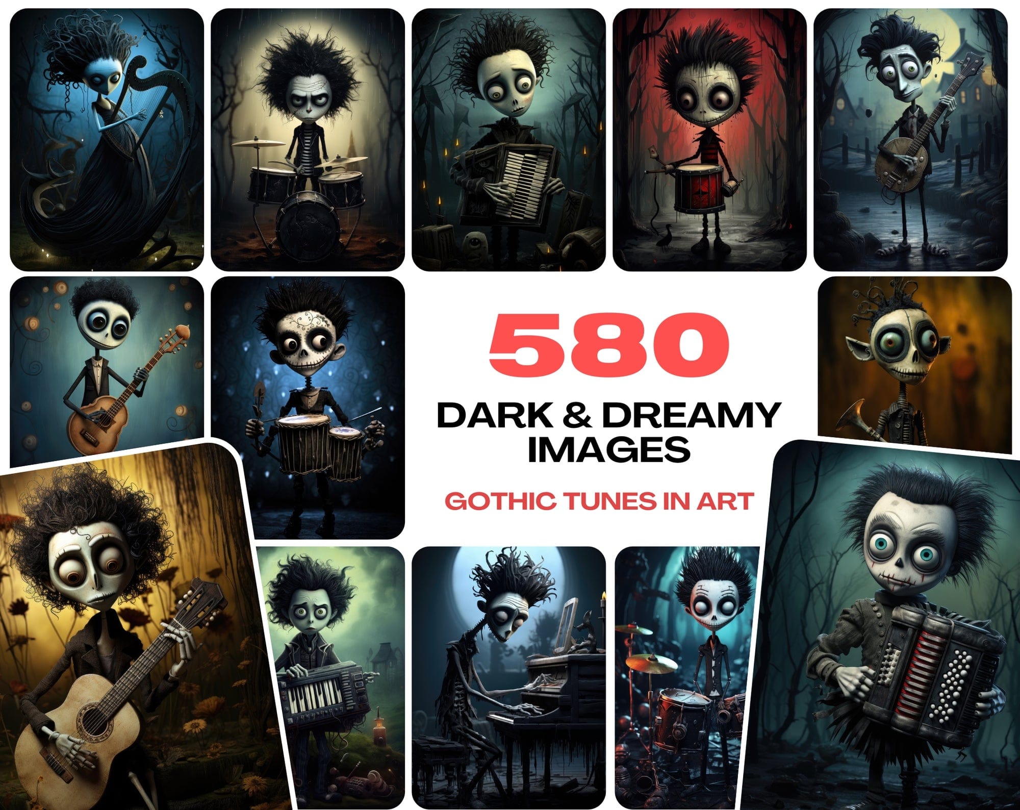 580 Dark & Dreamy Characters with Musical Instruments - Unique Wall Art Digital Download Sumobundle
