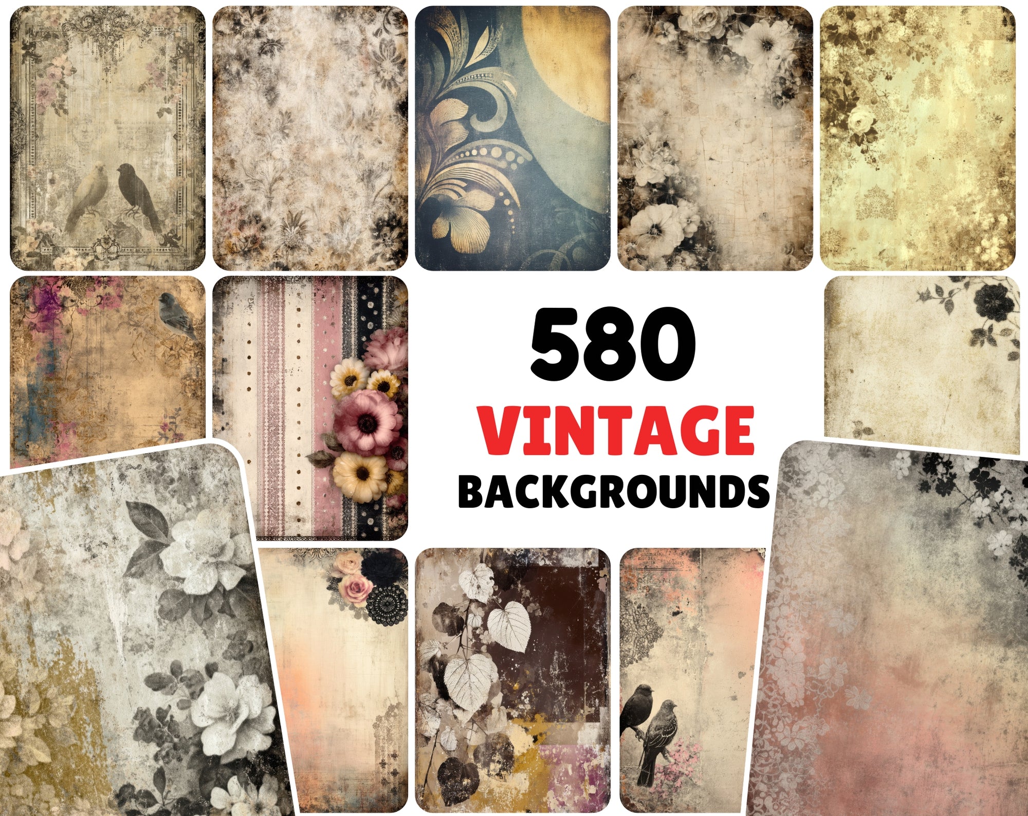 580 Vintage Backgrounds – Elegant Floral & Bird Patterns