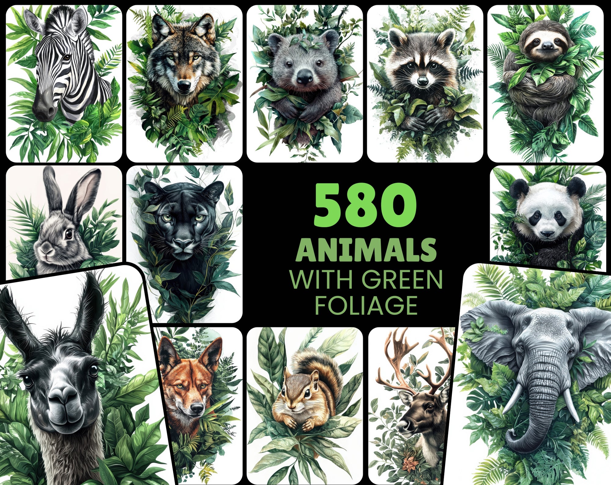 580 Animal Illustrations with Green Foliage