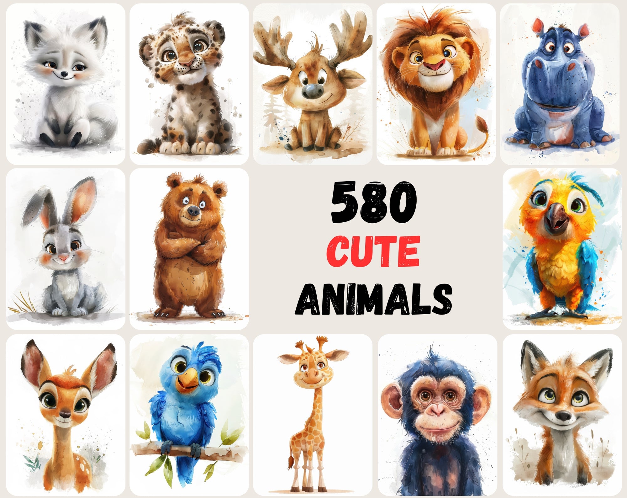 580 Cute Animal Watercolour Illustrations - Commercial License Included